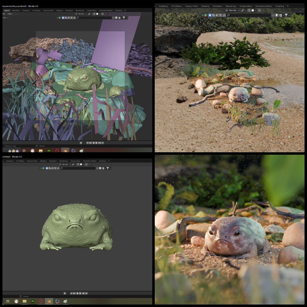 Узкоротая лягушка - 3D сцена - Моё, Blender, 3D, 3D моделирование, Компьютерная графика, Реализм, Природа, Лягушки, Digital
