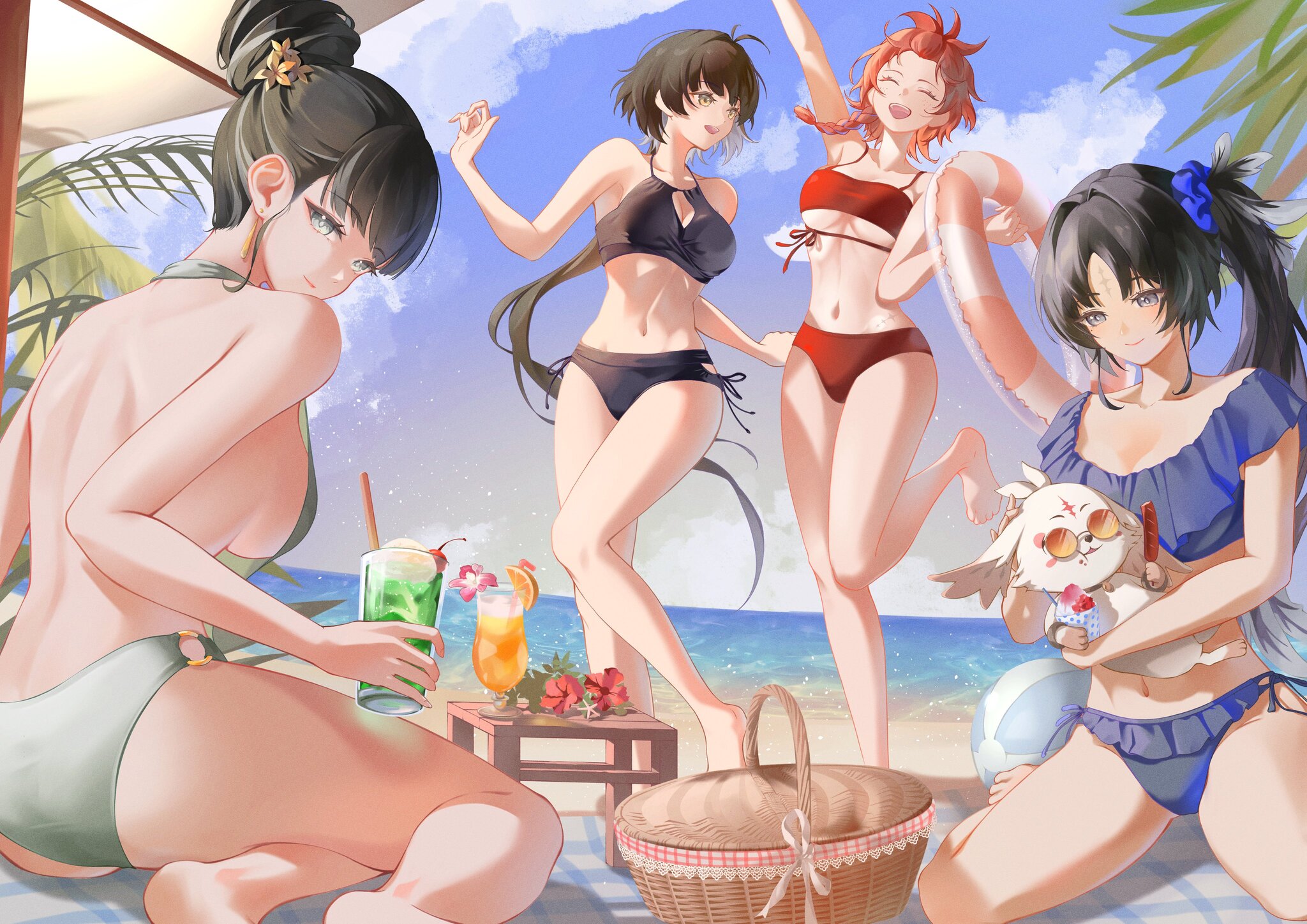 Chinese women on vacation - Anime, Anime art, Wuthering Waves, Baizhi (Wuthering Waves), Chixia (Wuthering waves), Rover Female (Wuthering Waves), Yangyang (Wuthering Waves), Swimsuit