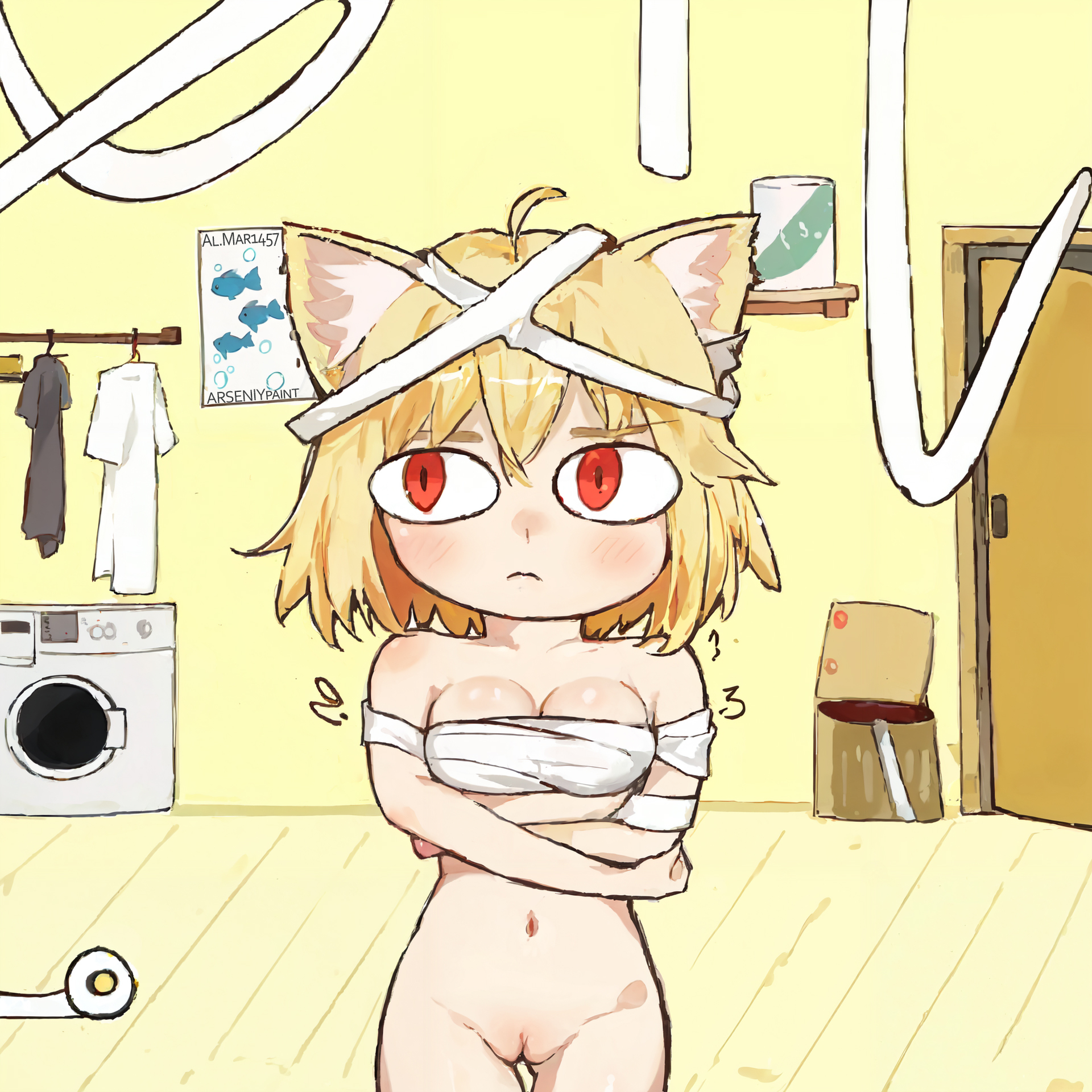 What if it’s possible for fun? (from meme to full) - My, Neural network art, Stable diffusion, Girls, Anime art, Portrait, Nekoarc, Full, Naked, Laundry, Toilet paper, Blonde, Labia, Anime memes, Neko, Ears on the crown, Hand-drawn erotica, Teamwork