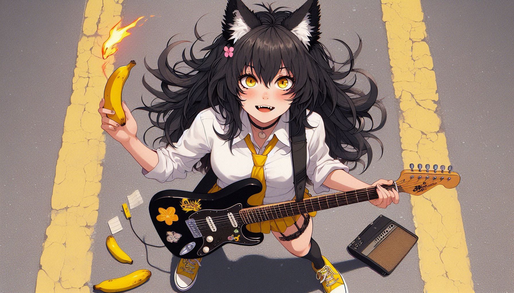 Rox Fox - new video 'I Got Banana Bomb!' - My, Neural network art, Нейронные сети, Girls, Art, Anime art, Anime, Original character, Kitsune, Animal ears, Tail, Rock, Metal, Clip, Ginger & White, Longpost