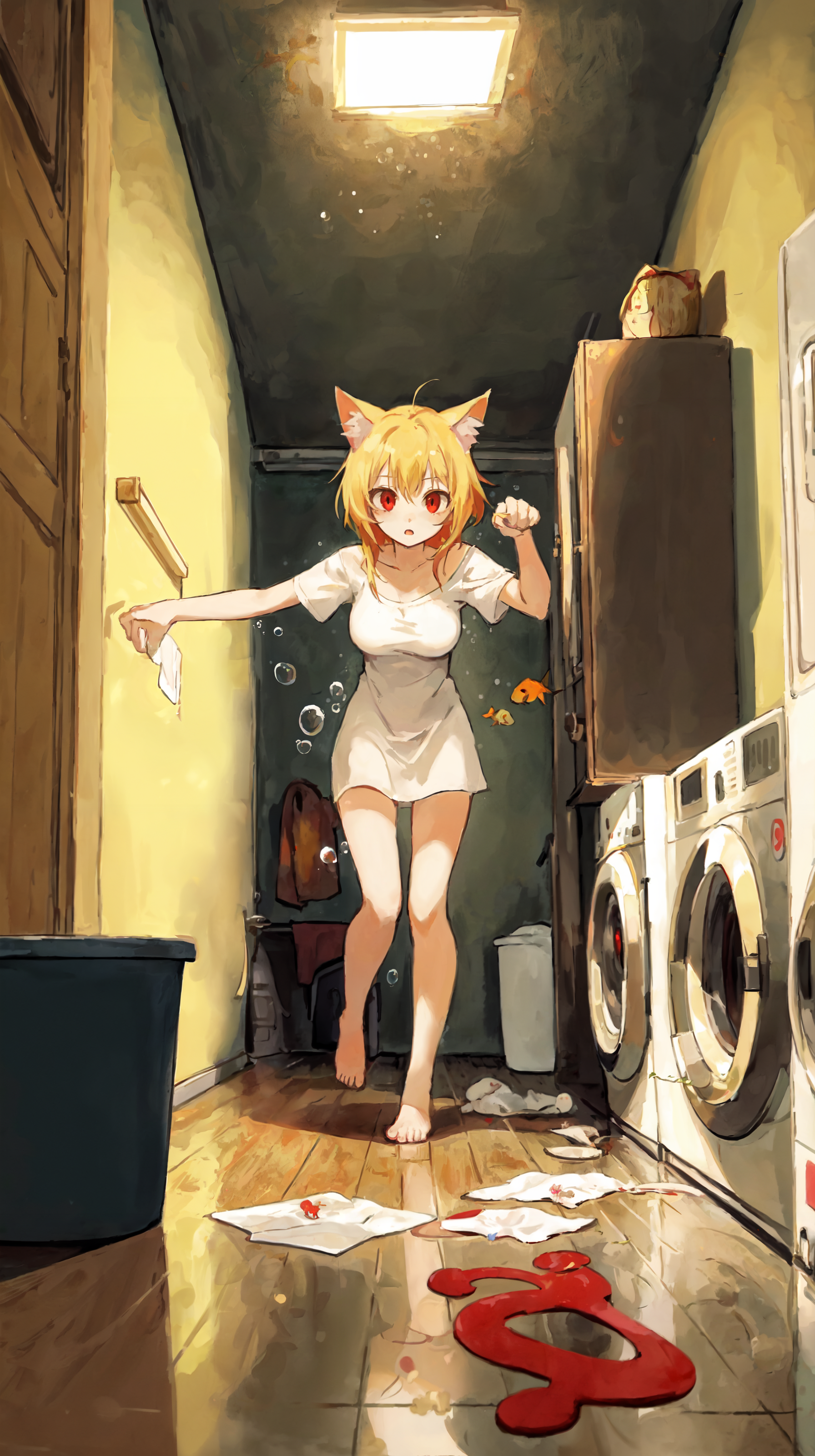 It's time for the big wash - My, Neural network art, Stable diffusion, Girls, Portrait, Anime art, Nekoarc, Neko, In full growth, Laundry, Phone wallpaper, Ears on the crown, Blonde, Barefoot