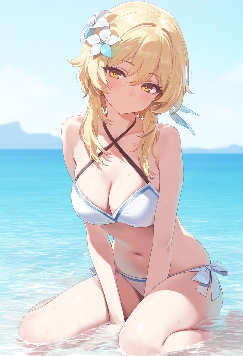 Luminka - Anime art, Anime, Girls, Games, Genshin impact, Lumine (Genshin Impact), Swimsuit, Beach, Sea, Neural network art, Bikini