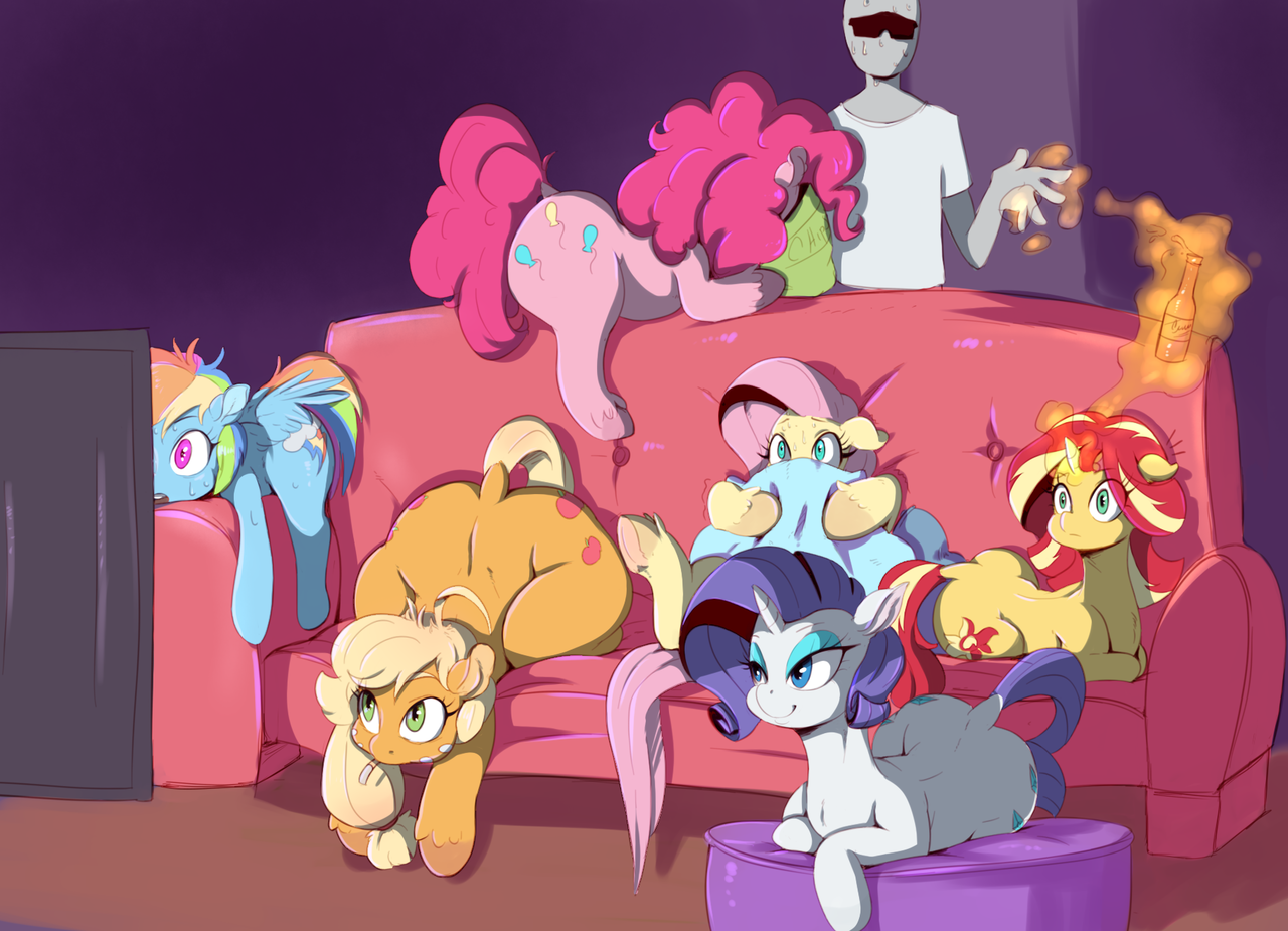 Evening in company - My little pony, PonyArt, Anon, Rainbow dash, Rarity, Sunset shimmer, Applejack, Pinkie pie, Fluttershy, Sundown