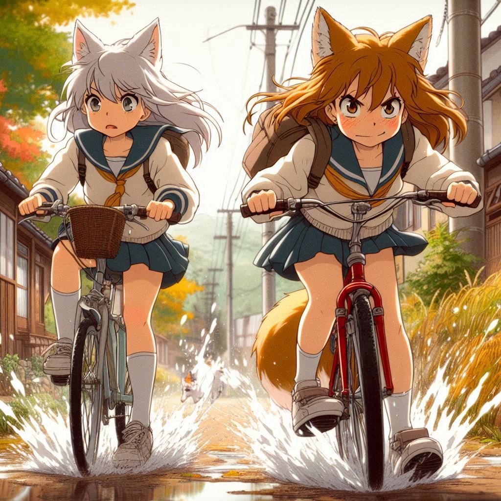 Ten years ago... - My, Neural network art, Нейронные сети, Girls, Art, Anime art, Original character, Kitsune, Animal ears, Tail, School uniform, Memories, Childhood, Autumn, Ginger & White, Longpost