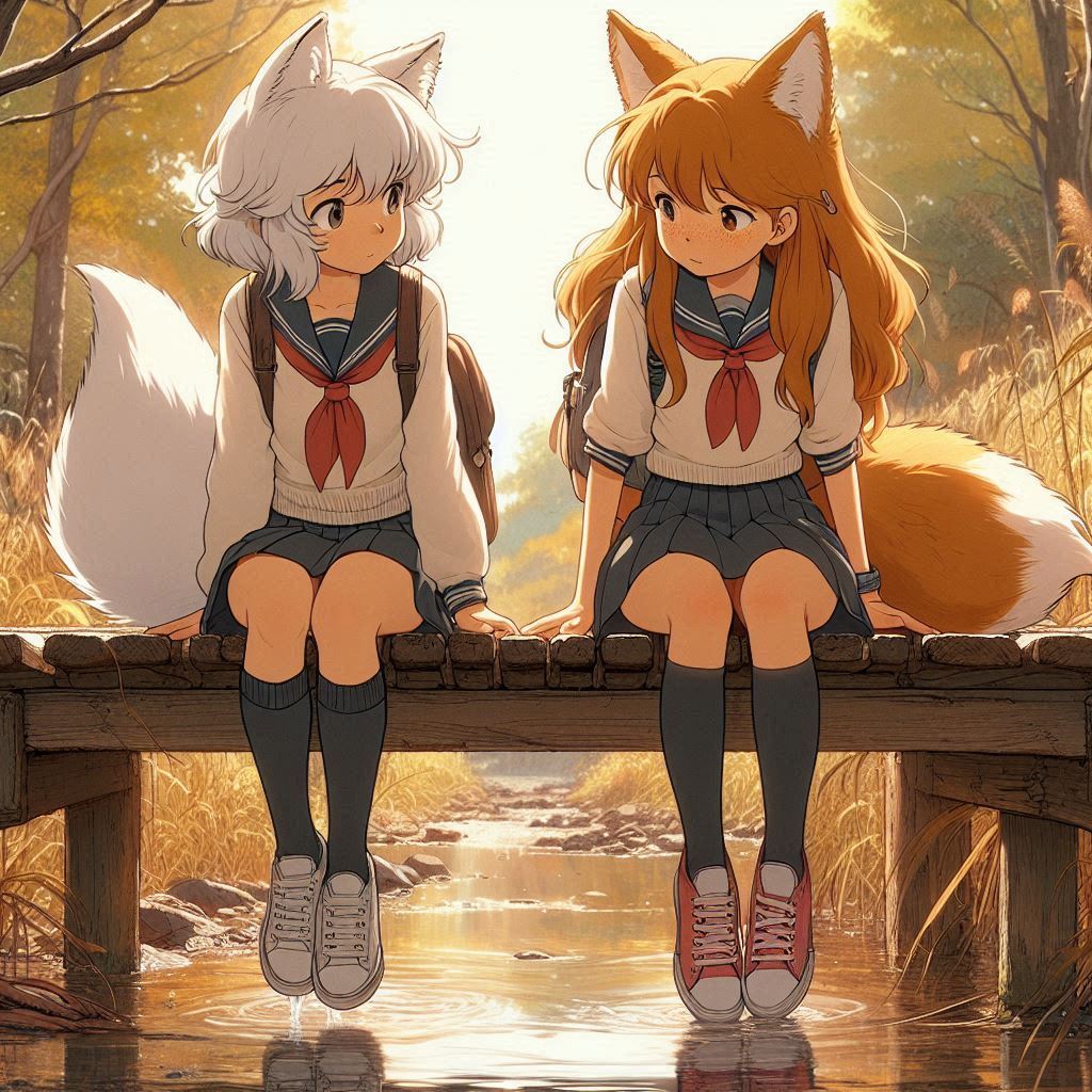 Ten years ago... - My, Neural network art, Нейронные сети, Girls, Art, Anime art, Original character, Kitsune, Animal ears, Tail, School uniform, Memories, Childhood, Autumn, Ginger & White, Longpost