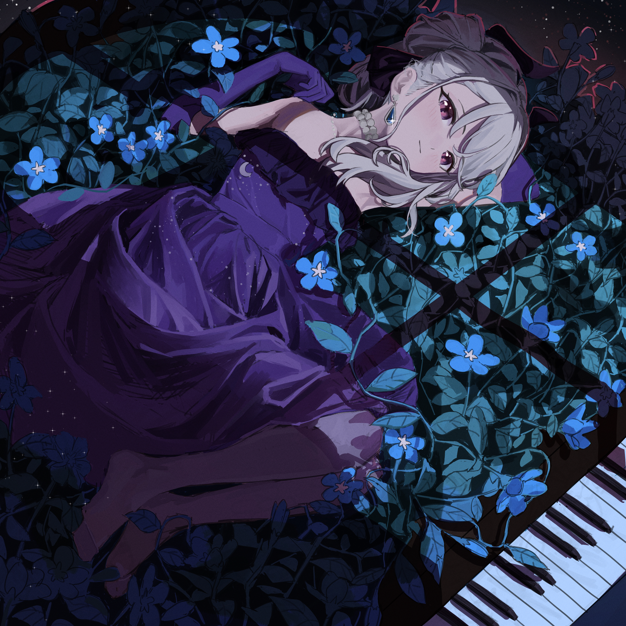 Hina - Anime art, Anime, Girls, Games, Blue archive, Sorasaki Hina, Evening Dress, Piano, Flowers, Evening, Art, Girl with Horns