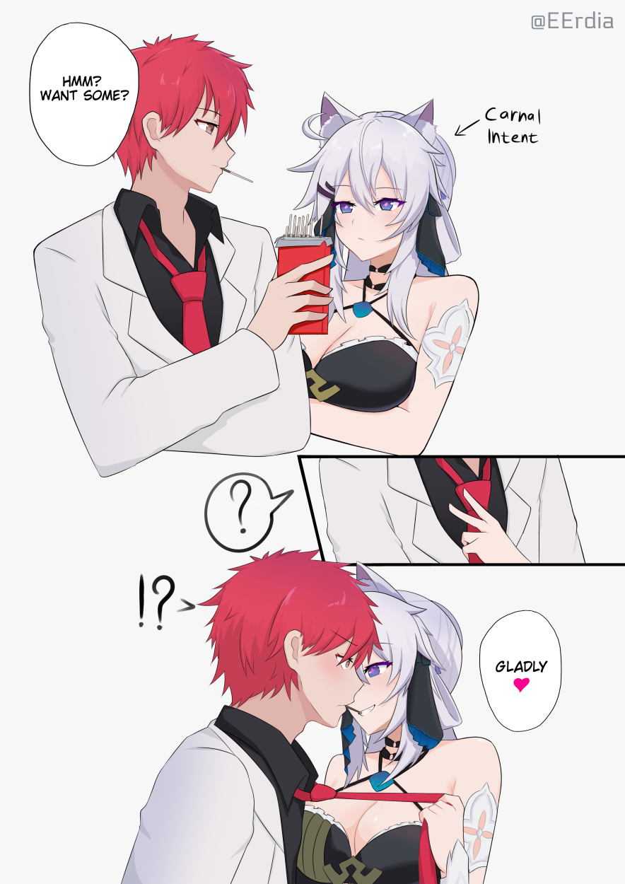 Feeding the predator - Anime, Anime art, Pixiv, Kiana kaslana, Captain, Honkai Impact, Animal ears, Without translation