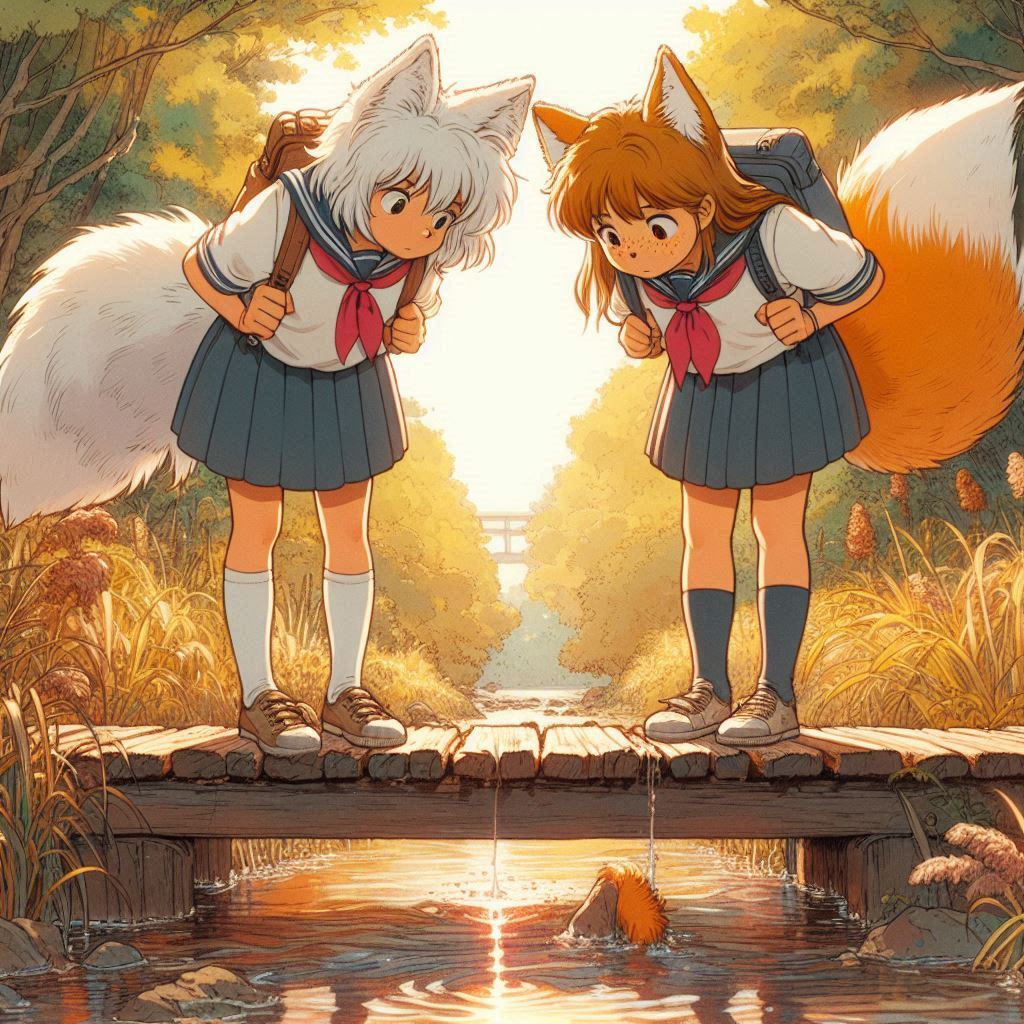 Ten years ago... - My, Neural network art, Нейронные сети, Girls, Art, Anime art, Original character, Kitsune, Animal ears, Tail, School uniform, Memories, Childhood, Autumn, Ginger & White, Longpost