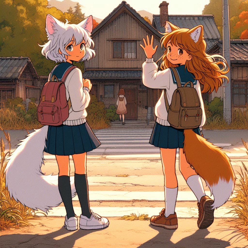 Ten years ago... - My, Neural network art, Нейронные сети, Girls, Art, Anime art, Original character, Kitsune, Animal ears, Tail, School uniform, Memories, Childhood, Autumn, Ginger & White, Longpost