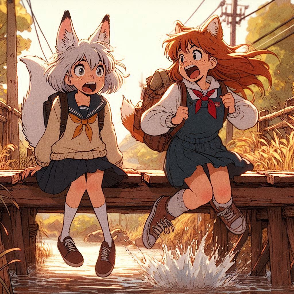 Ten years ago... - My, Neural network art, Нейронные сети, Girls, Art, Anime art, Original character, Kitsune, Animal ears, Tail, School uniform, Memories, Childhood, Autumn, Ginger & White, Longpost