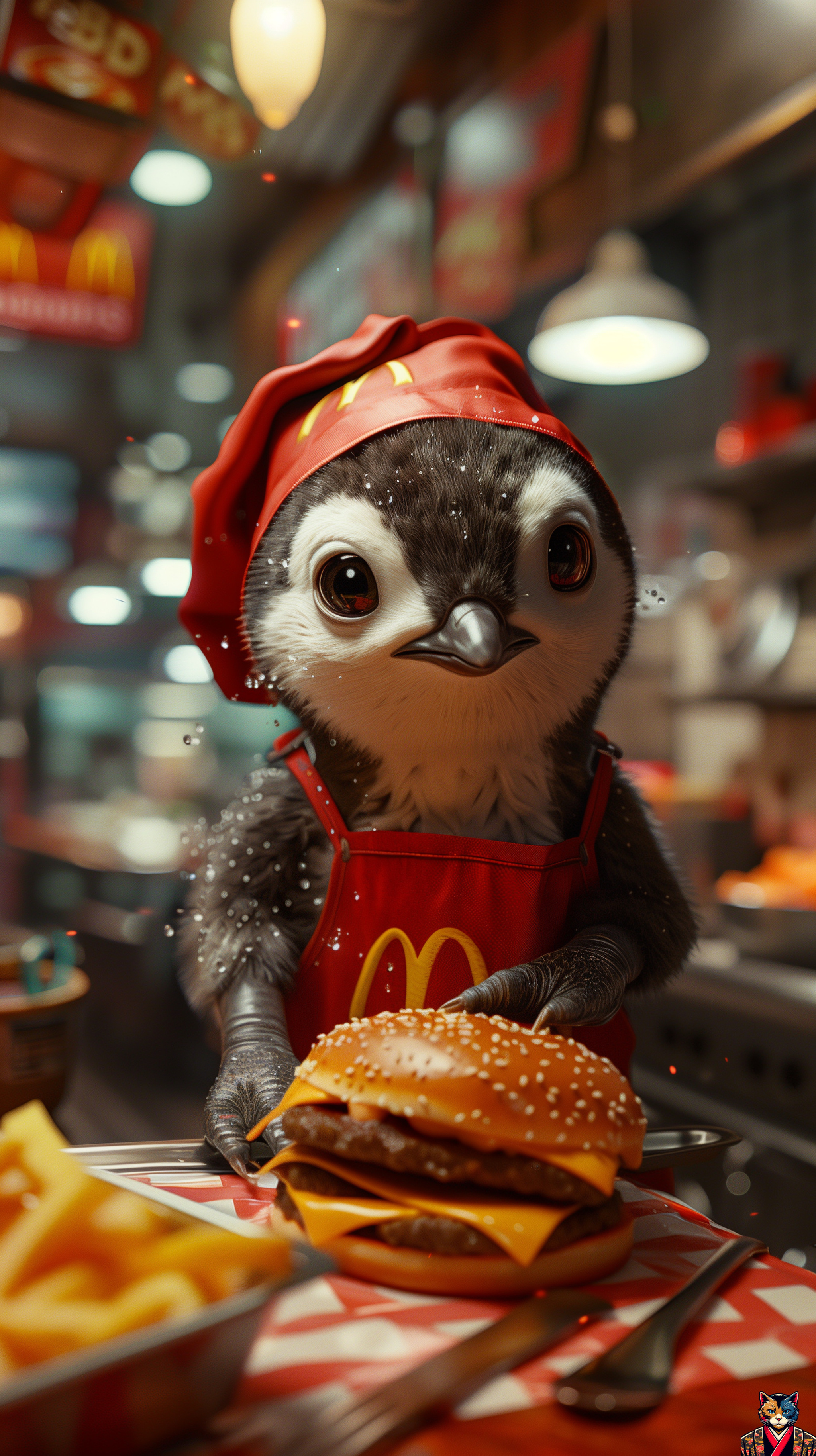 Midjourney: Animals Fast Food Cooks - Art, Neural network art, Нейронные сети, Artificial Intelligence, Midjourney, Cook, Fast food, McDonald's, Animals, cat, Dog, Alpaca, Antelope, Seal, hippopotamus, Capybara, Lemur, Guinea pig, Panda, Penguins, Longpost