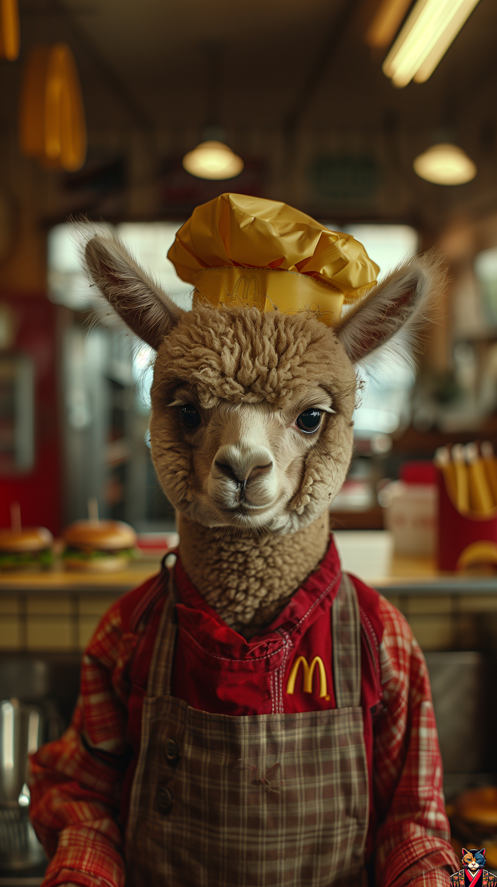 Midjourney: Animals Fast Food Cooks - Art, Neural network art, Нейронные сети, Artificial Intelligence, Midjourney, Cook, Fast food, McDonald's, Animals, cat, Dog, Alpaca, Antelope, Seal, hippopotamus, Capybara, Lemur, Guinea pig, Panda, Penguins, Longpost