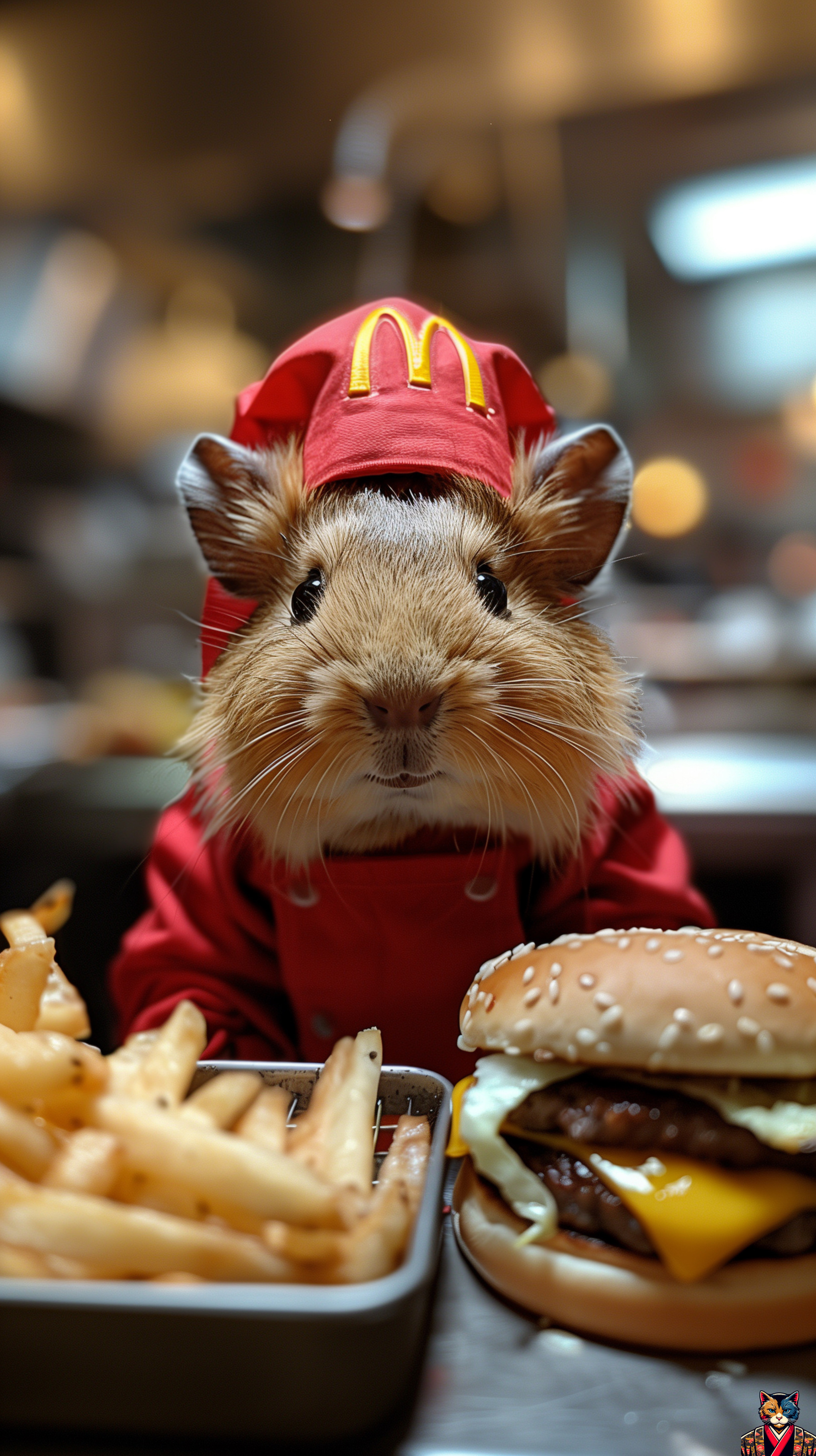 Midjourney: Animals Fast Food Cooks - Art, Neural network art, Нейронные сети, Artificial Intelligence, Midjourney, Cook, Fast food, McDonald's, Animals, cat, Dog, Alpaca, Antelope, Seal, hippopotamus, Capybara, Lemur, Guinea pig, Panda, Penguins, Longpost