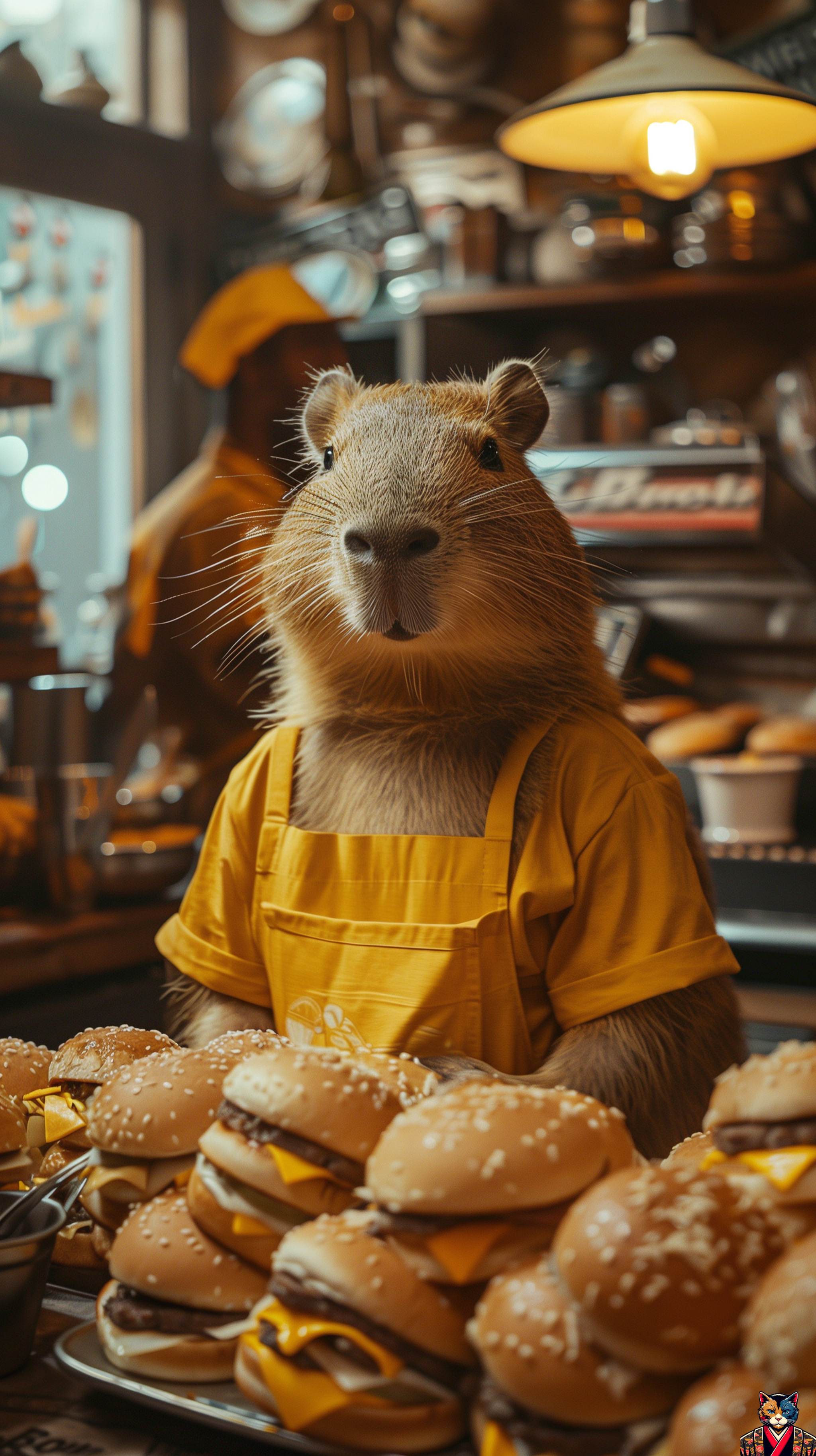 Midjourney: Animals Fast Food Cooks - Art, Neural network art, Нейронные сети, Artificial Intelligence, Midjourney, Cook, Fast food, McDonald's, Animals, cat, Dog, Alpaca, Antelope, Seal, hippopotamus, Capybara, Lemur, Guinea pig, Panda, Penguins, Longpost