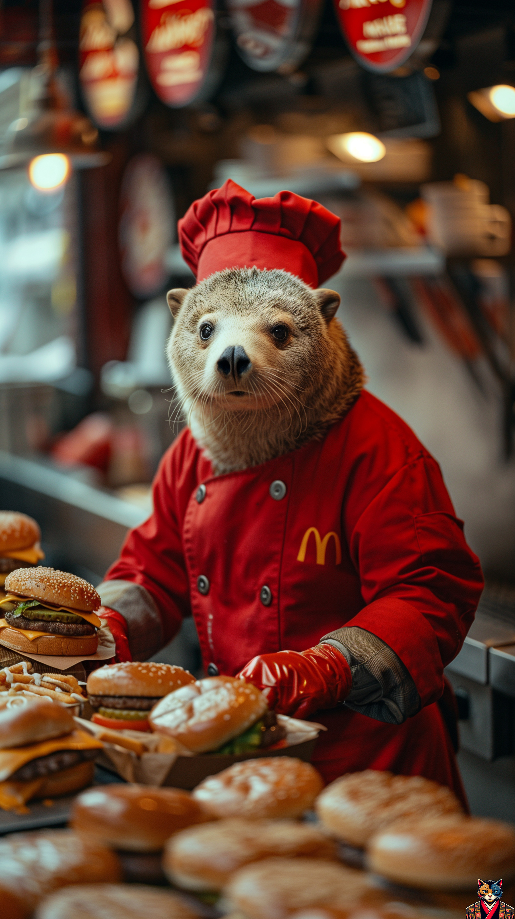 Midjourney: Animals Fast Food Cooks - Art, Neural network art, Нейронные сети, Artificial Intelligence, Midjourney, Cook, Fast food, McDonald's, Animals, cat, Dog, Alpaca, Antelope, Seal, hippopotamus, Capybara, Lemur, Guinea pig, Panda, Penguins, Longpost