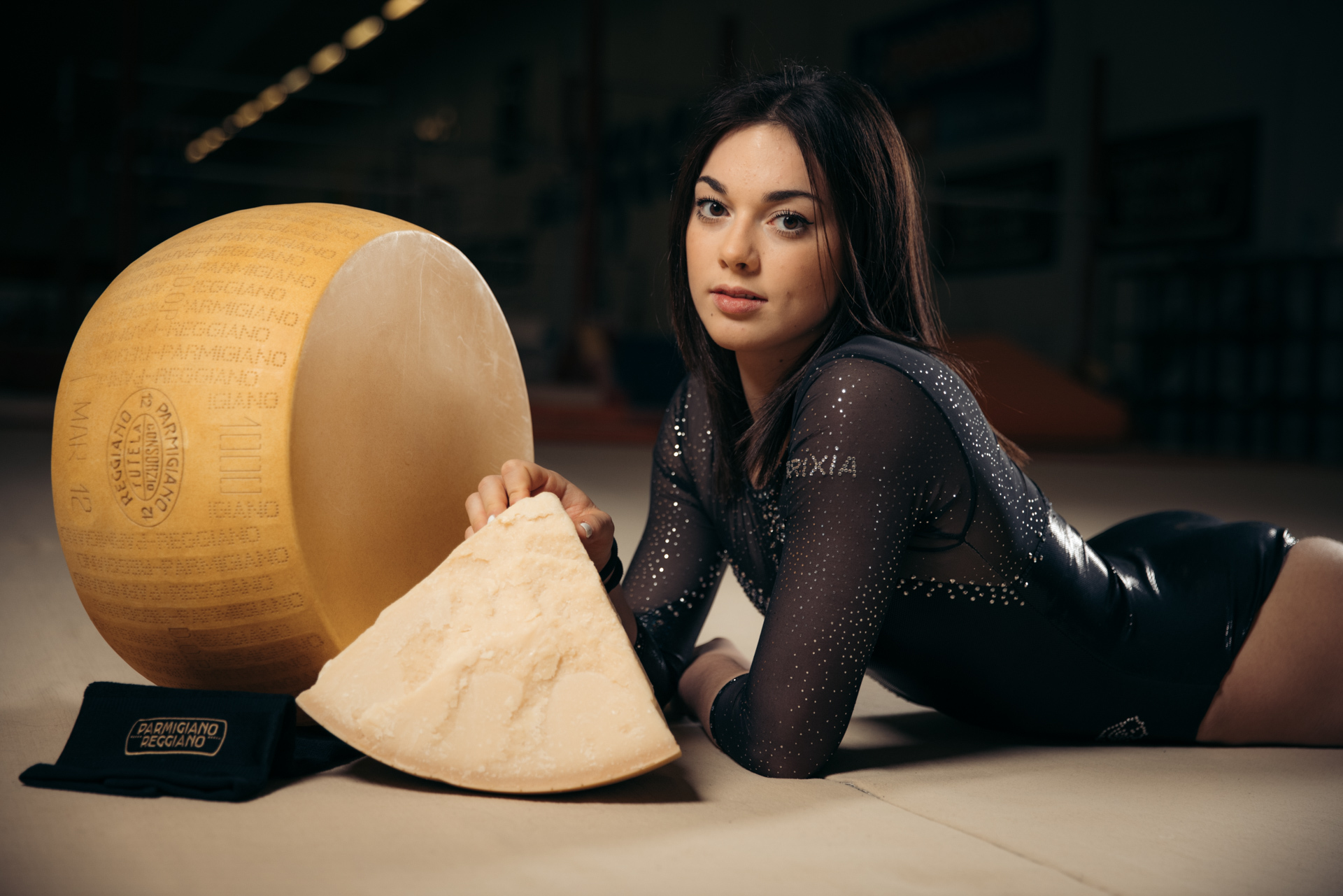 Olympic silver medalist and Italian gymnast Giorgia Villa, posing for Parmigiano Reggiano with large cheese wheels - Cheese, Gymnasts, Longpost, Olympic Games