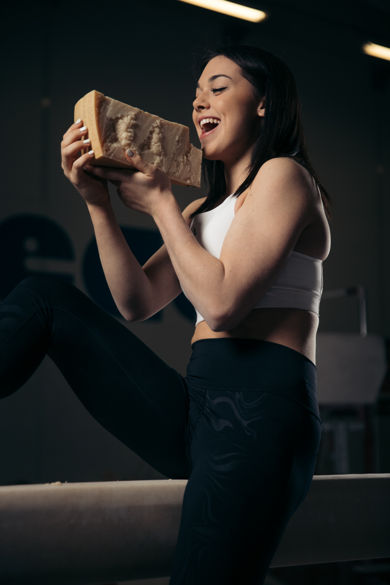 Olympic silver medalist and Italian gymnast Giorgia Villa, posing for Parmigiano Reggiano with large cheese wheels - Cheese, Gymnasts, Longpost, Olympic Games