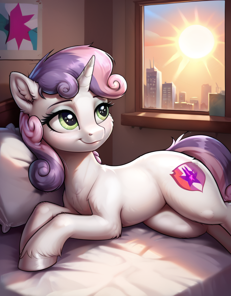 Morning Sweetie! - Моё, Арты нейросетей, My Little Pony, PonyArt, Sweetie Belle, Утро, Длиннопост