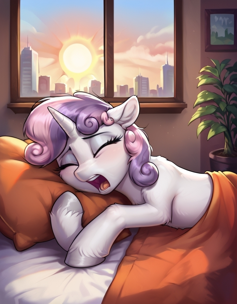 Morning Sweetie! - Моё, Арты нейросетей, My Little Pony, PonyArt, Sweetie Belle, Утро, Длиннопост