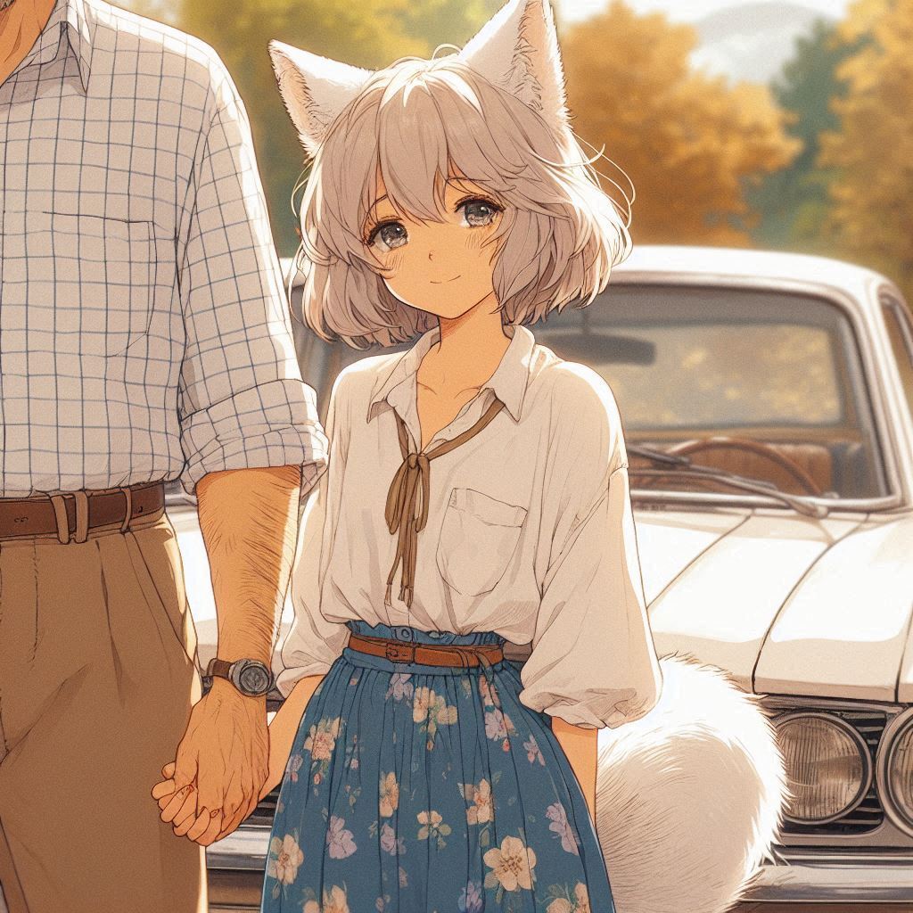 Once Zima and I separated for a whole year - My, Neural network art, Art, Anime art, Girls, Нейронные сети, Anime, Original character, Kitsune, Animal ears, Tail, School, Memories, Ginger & White, Longpost