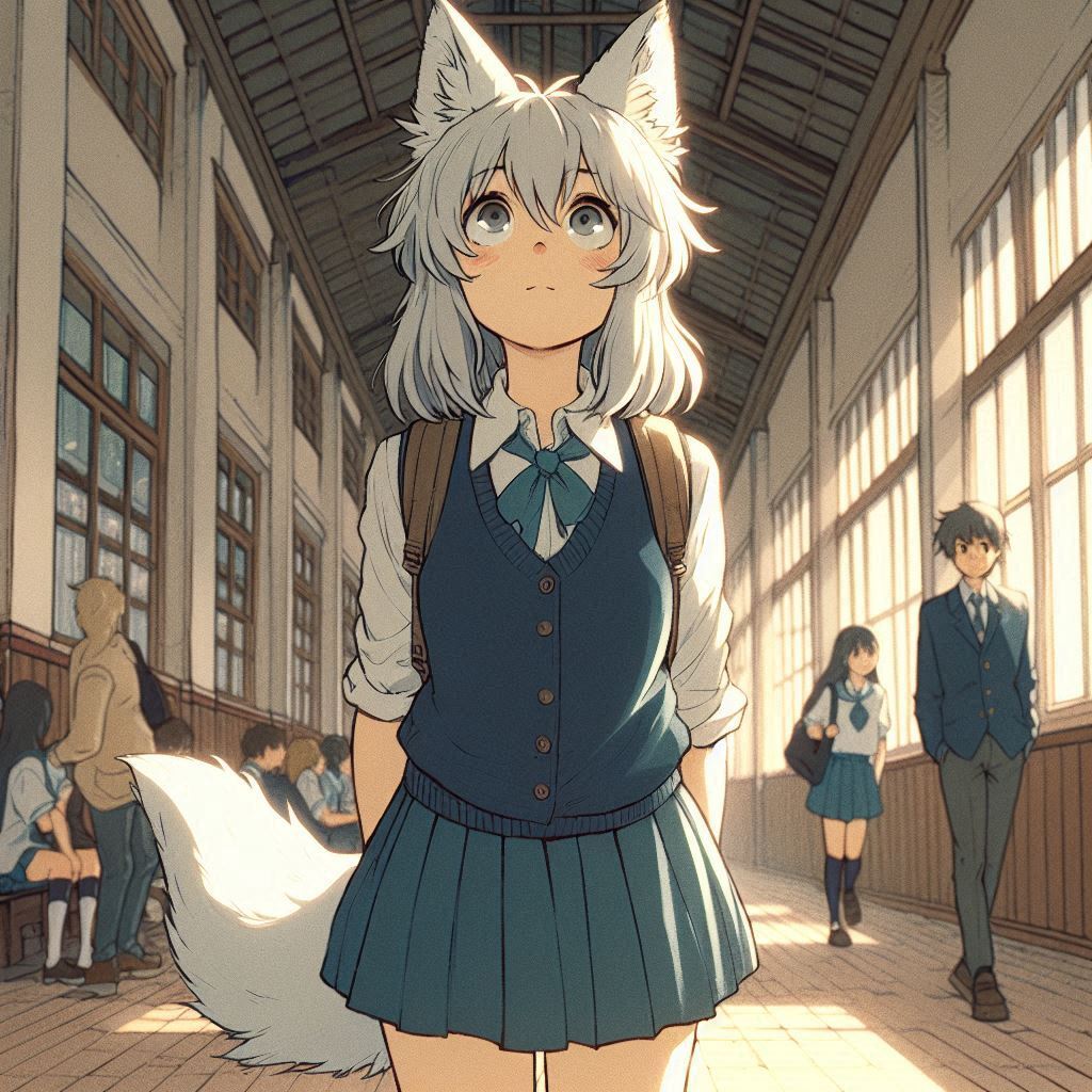 Once Zima and I separated for a whole year - My, Neural network art, Art, Anime art, Girls, Нейронные сети, Anime, Original character, Kitsune, Animal ears, Tail, School, Memories, Ginger & White, Longpost