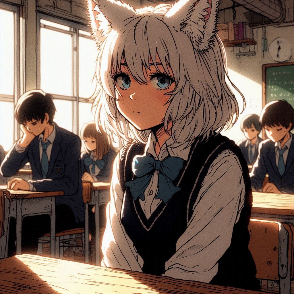 Once Zima and I separated for a whole year - My, Neural network art, Art, Anime art, Girls, Нейронные сети, Anime, Original character, Kitsune, Animal ears, Tail, School, Memories, Ginger & White, Longpost