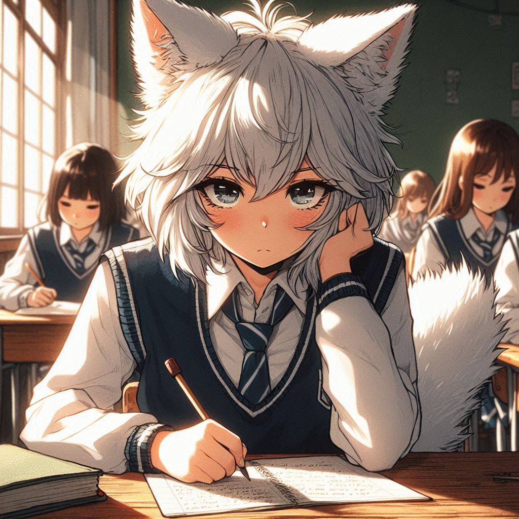 Once Zima and I separated for a whole year - My, Neural network art, Art, Anime art, Girls, Нейронные сети, Anime, Original character, Kitsune, Animal ears, Tail, School, Memories, Ginger & White, Longpost