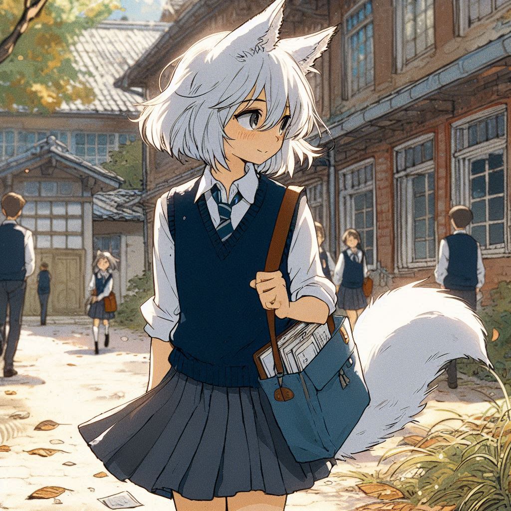 Once Zima and I separated for a whole year - My, Neural network art, Art, Anime art, Girls, Нейронные сети, Anime, Original character, Kitsune, Animal ears, Tail, School, Memories, Ginger & White, Longpost