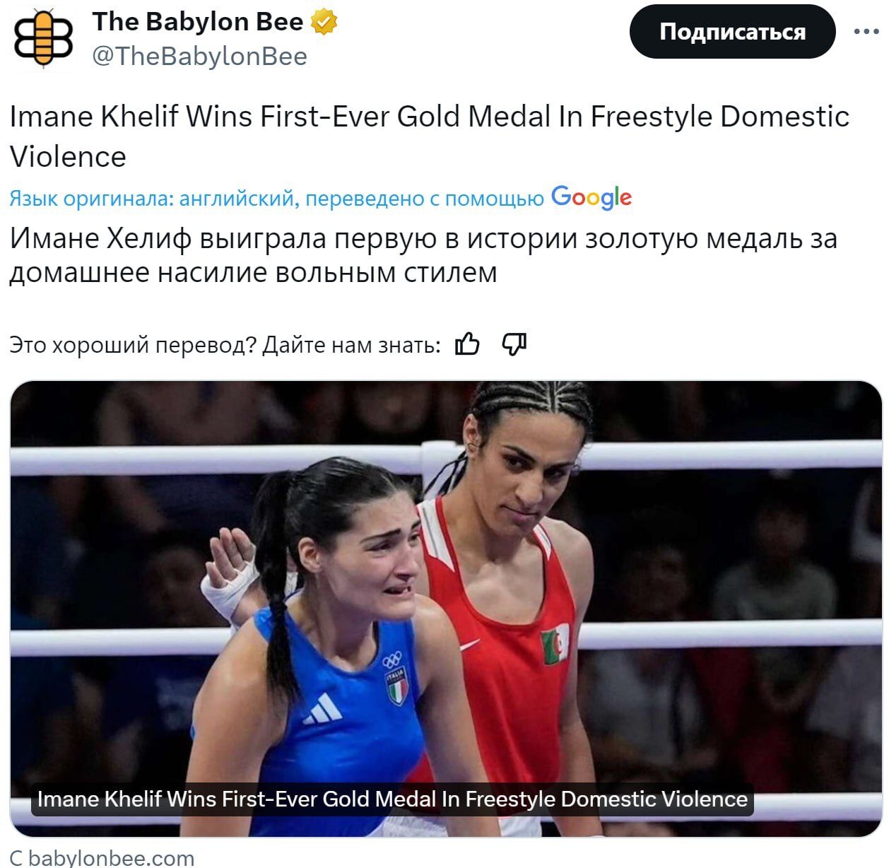 Babylon bee - Olympic Games, Boxing, Transgender, Humor, Picture with text, Domestic violence, Men and women