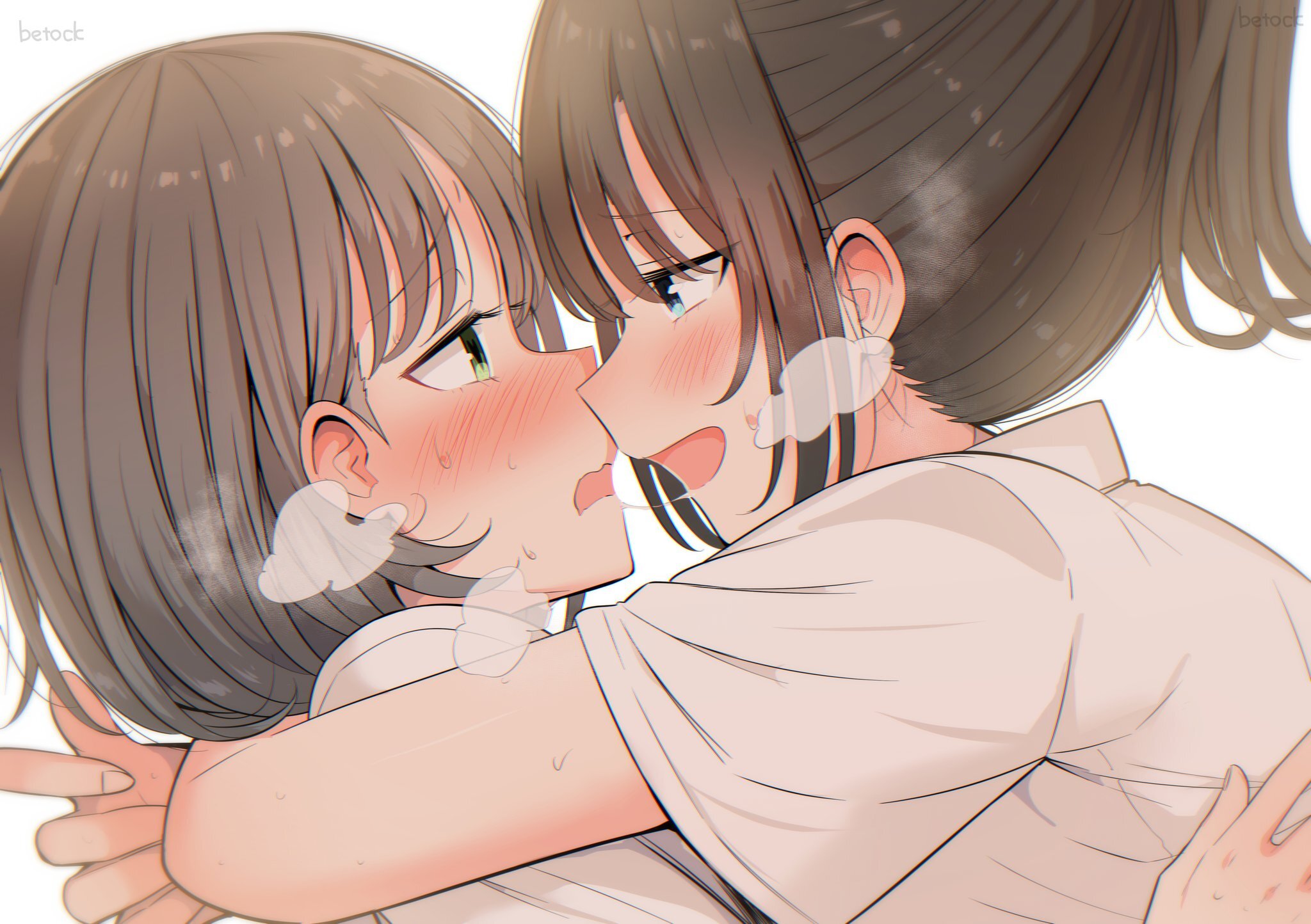 Original - Anime art, Anime, Yuri, Friend, Original character, Hugs, Kiss, Twitter (link), Longpost