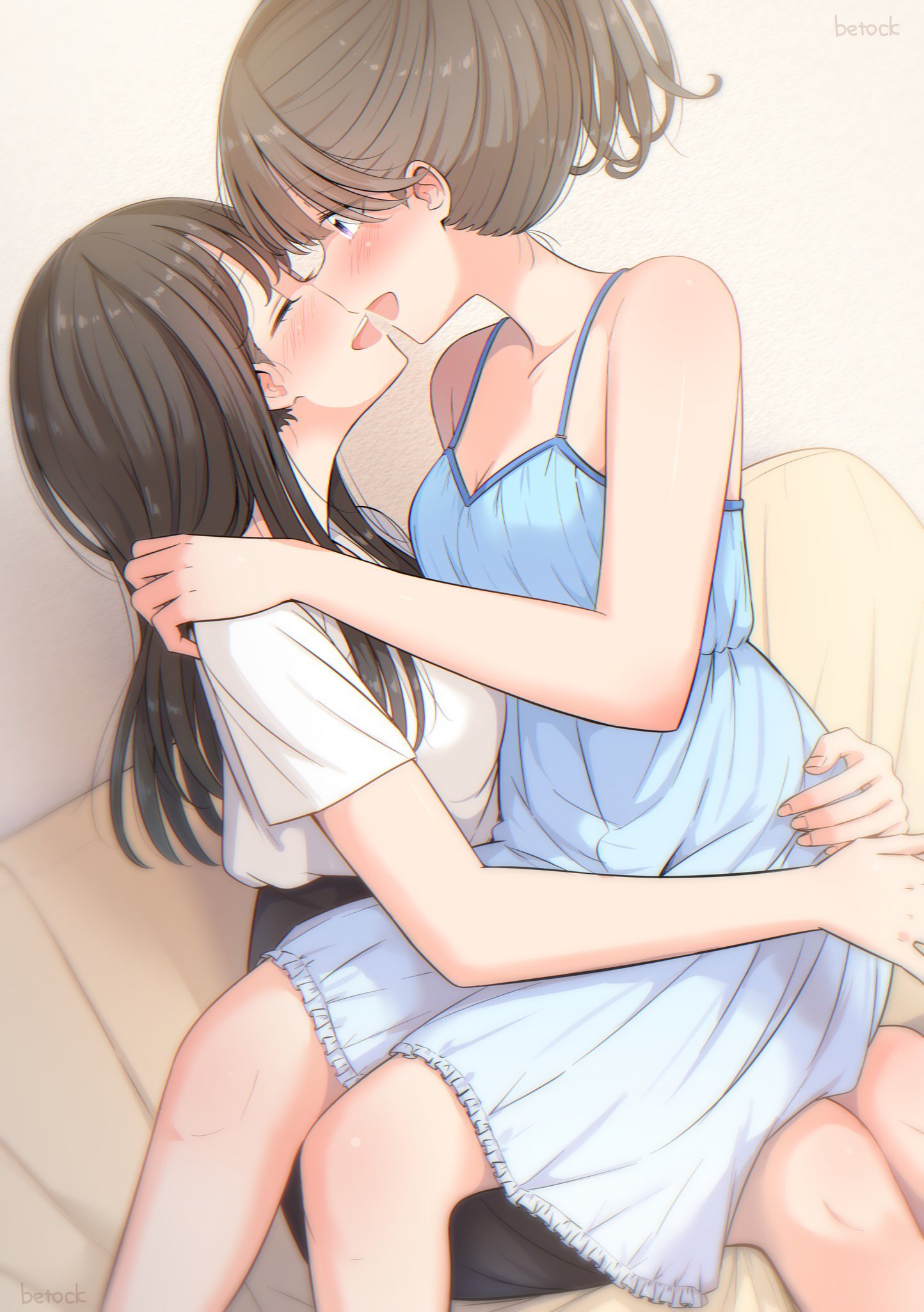 Original - Anime art, Anime, Yuri, Friend, Original character, Hugs, Kiss, Twitter (link), Longpost