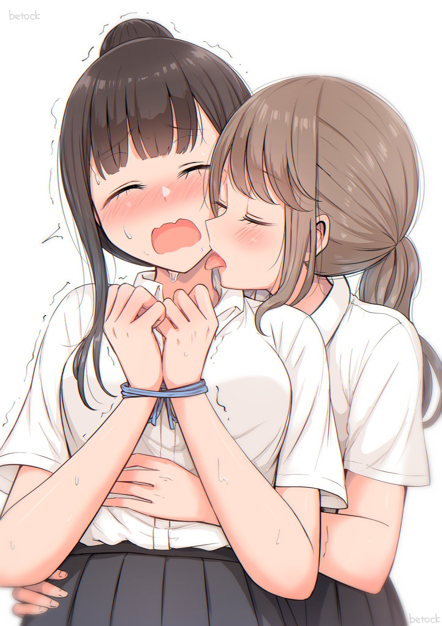 Original - Anime art, Anime, Yuri, Friend, Original character, Hugs, Kiss, Twitter (link), Longpost