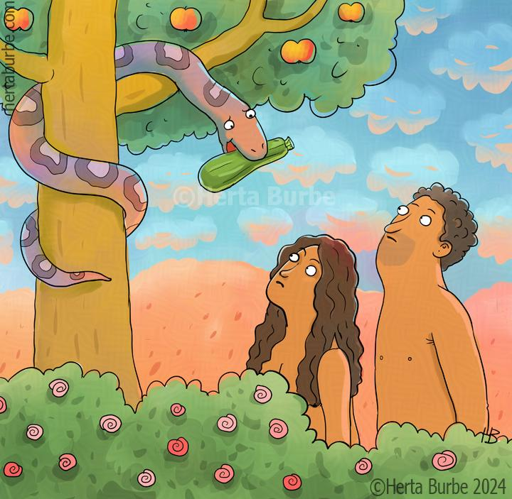 Take the zucchini! - Comics, Herta Burbe, Humor, Zucchini, Serpent Tempter, Adam and eve