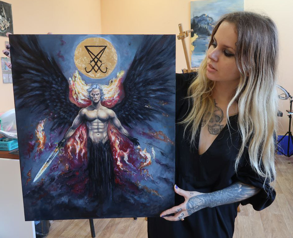 Oil painting Lucifer - My, Creative people, Girls, Girl with tattoo, Creation, Oil painting, Magic, Black magic, Mystic, Lucifer, Gothic, Art, Butter, Author's painting, Canvas, Longpost