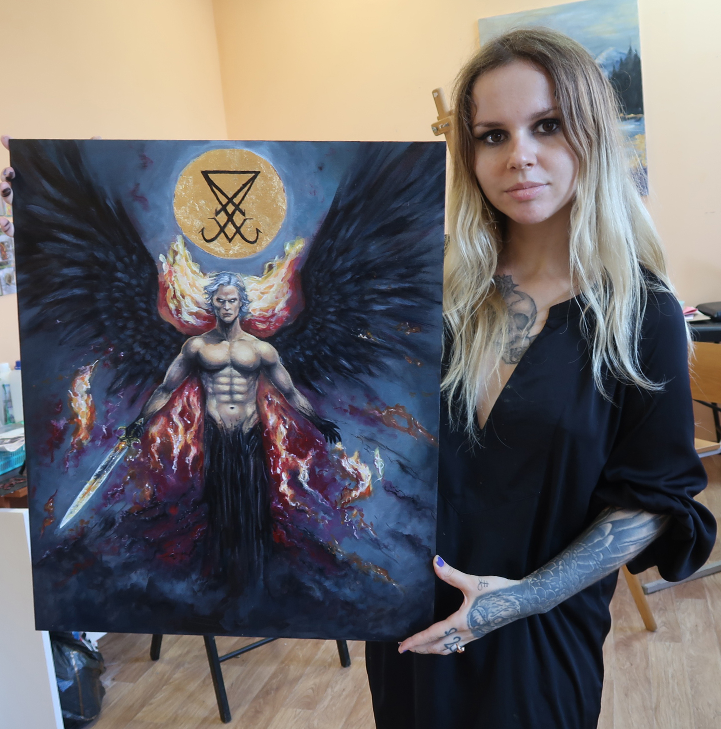 Oil painting Lucifer - My, Creative people, Girls, Girl with tattoo, Creation, Oil painting, Magic, Black magic, Mystic, Lucifer, Gothic, Art, Butter, Author's painting, Canvas, Longpost