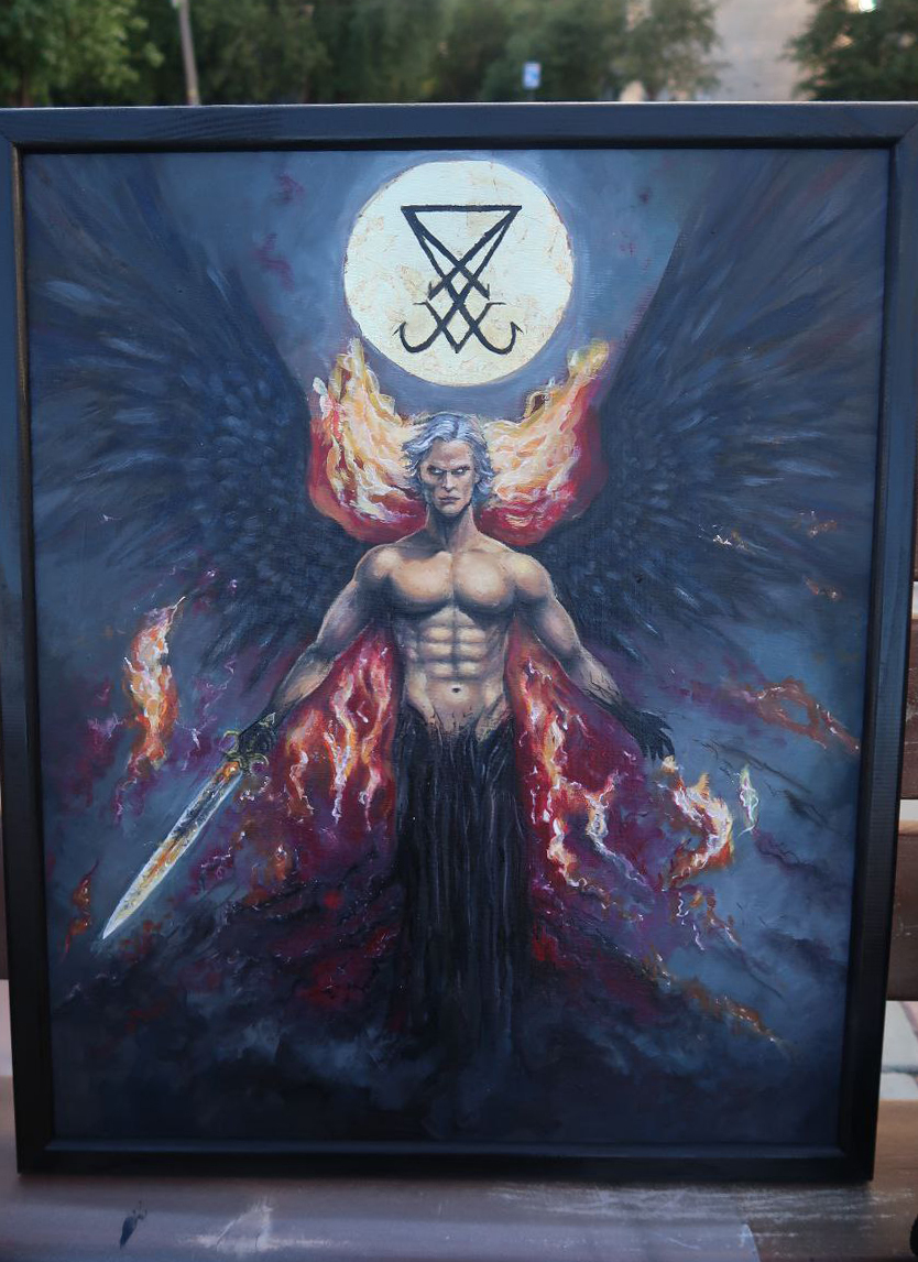 Oil painting Lucifer - My, Creative people, Girls, Girl with tattoo, Creation, Oil painting, Magic, Black magic, Mystic, Lucifer, Gothic, Art, Butter, Author's painting, Canvas, Longpost