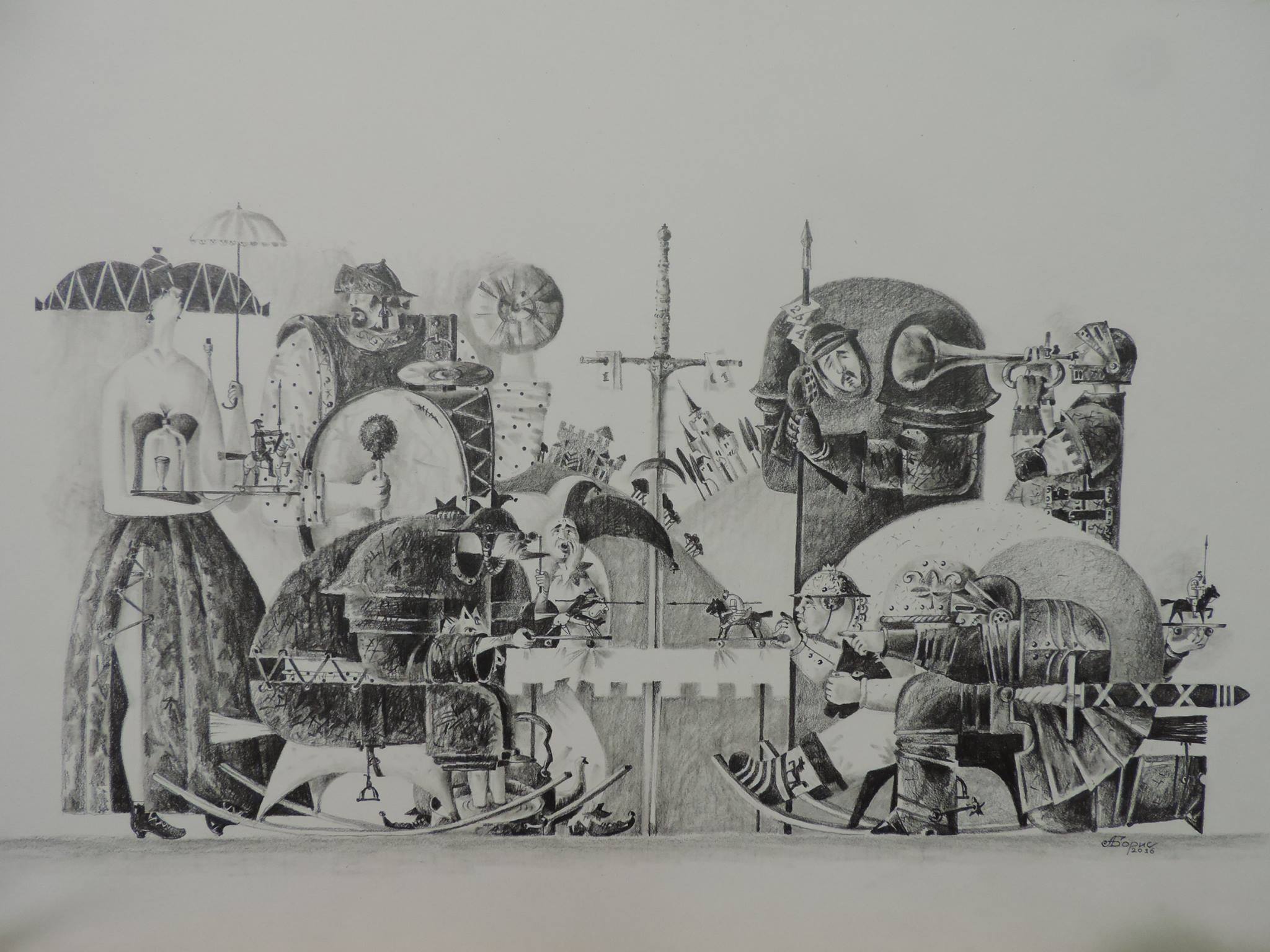 Royal Tournament - My, Modern Art, Art, Art, Fantasy, Knights, Pencil drawing, Knight Tournament, Lock, Jester, Horses, Helmet, Kingdom, King, Crowns, Sword, Pipe, Drums