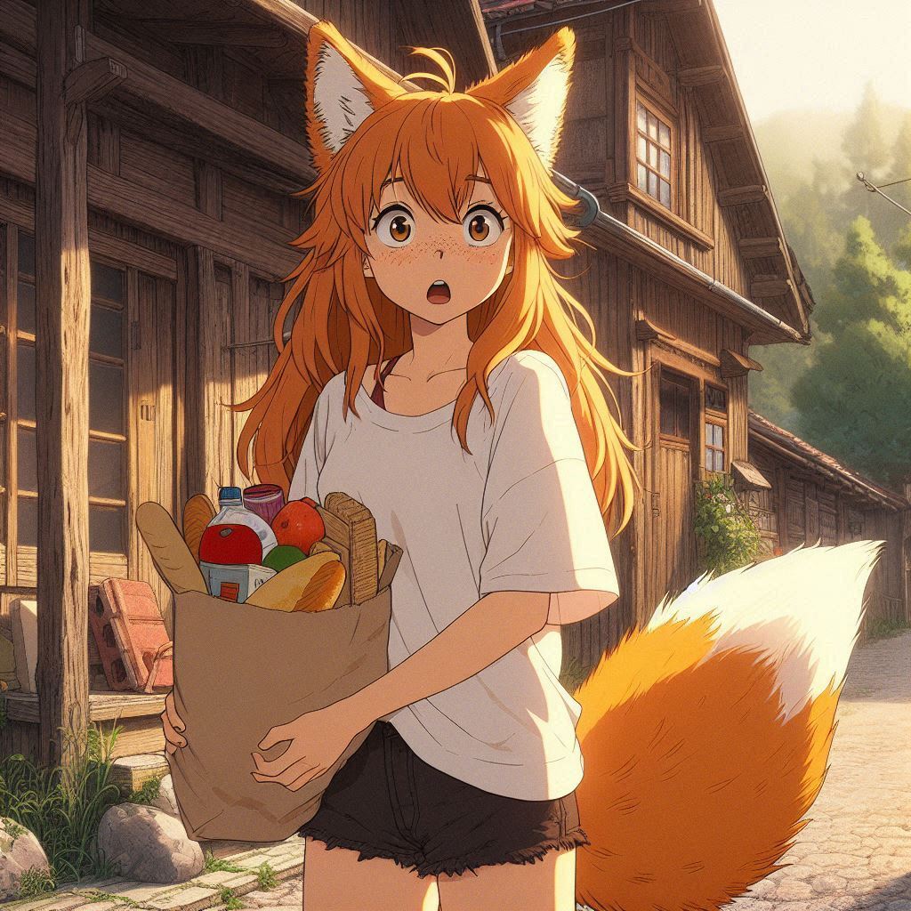 Once Zima and I separated for a whole year - My, Neural network art, Art, Anime art, Girls, Нейронные сети, Anime, Original character, Kitsune, Animal ears, Tail, School, Memories, Ginger & White, Longpost