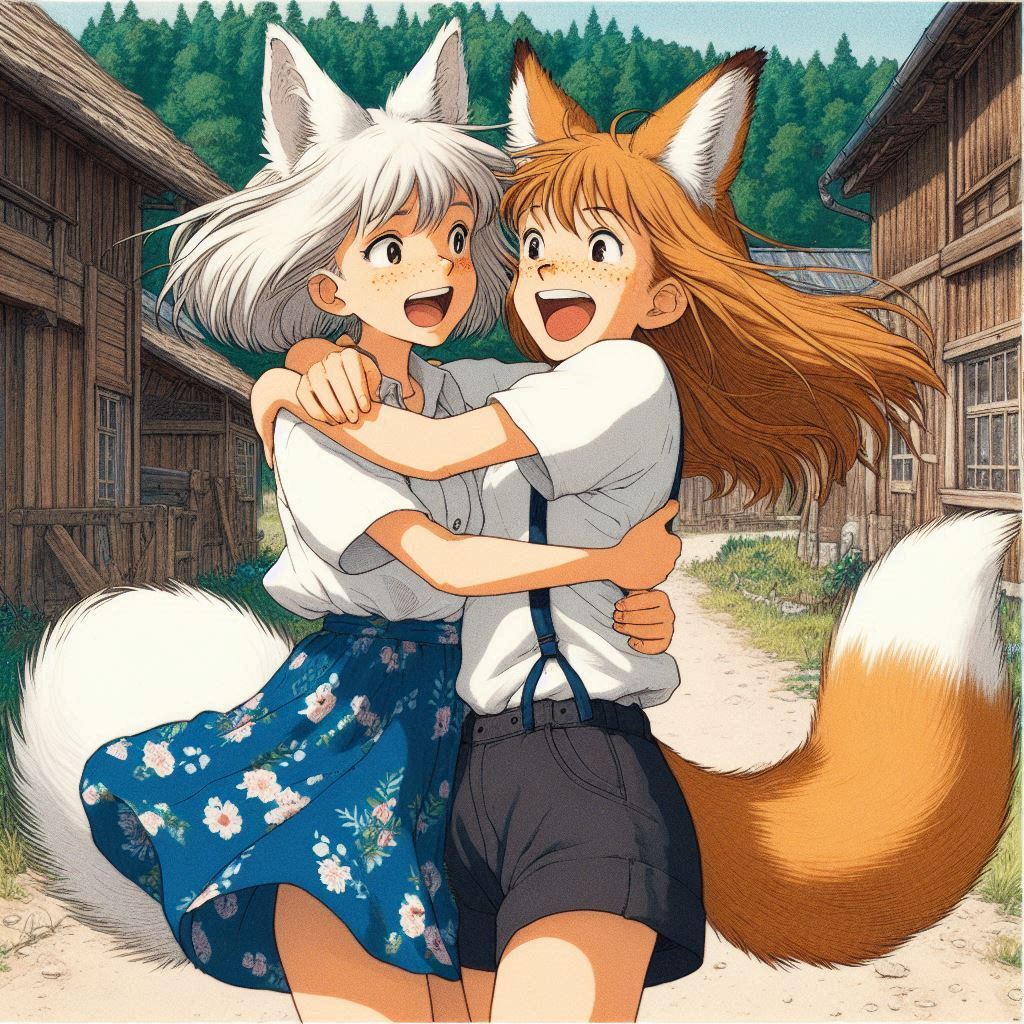 Once Zima and I separated for a whole year - My, Neural network art, Art, Anime art, Girls, Нейронные сети, Anime, Original character, Kitsune, Animal ears, Tail, School, Memories, Ginger & White, Longpost