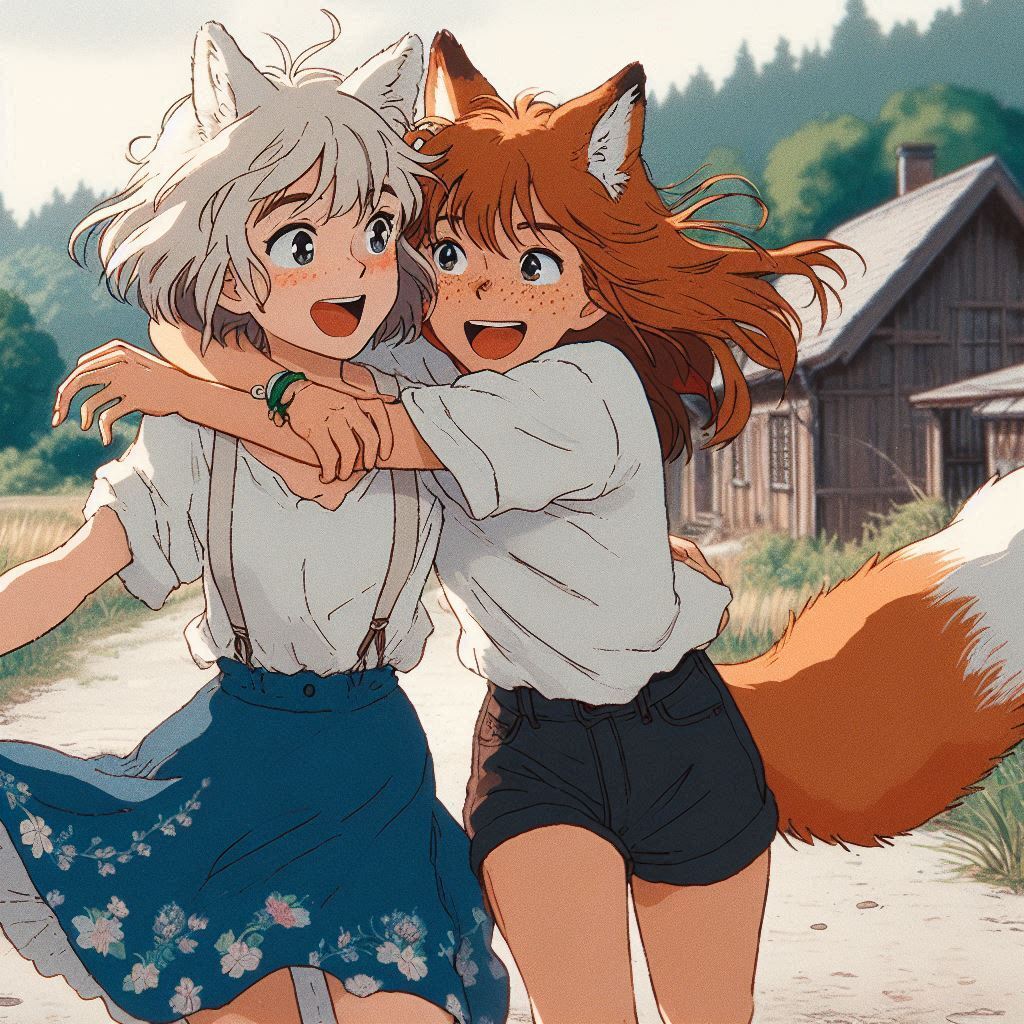 Once Zima and I separated for a whole year - My, Neural network art, Art, Anime art, Girls, Нейронные сети, Anime, Original character, Kitsune, Animal ears, Tail, School, Memories, Ginger & White, Longpost