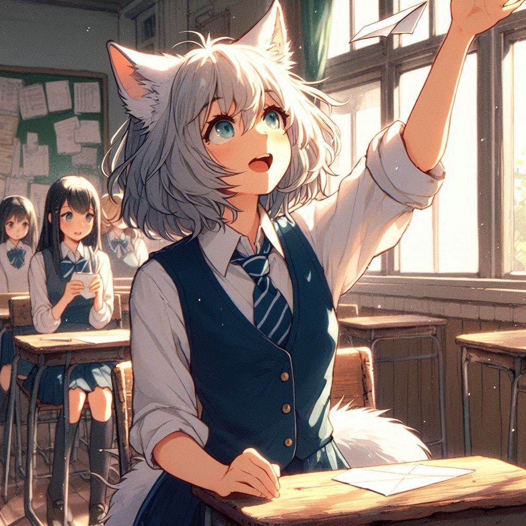 Once Zima and I separated for a whole year - My, Neural network art, Art, Anime art, Girls, Нейронные сети, Anime, Original character, Kitsune, Animal ears, Tail, School, Memories, Ginger & White, Longpost