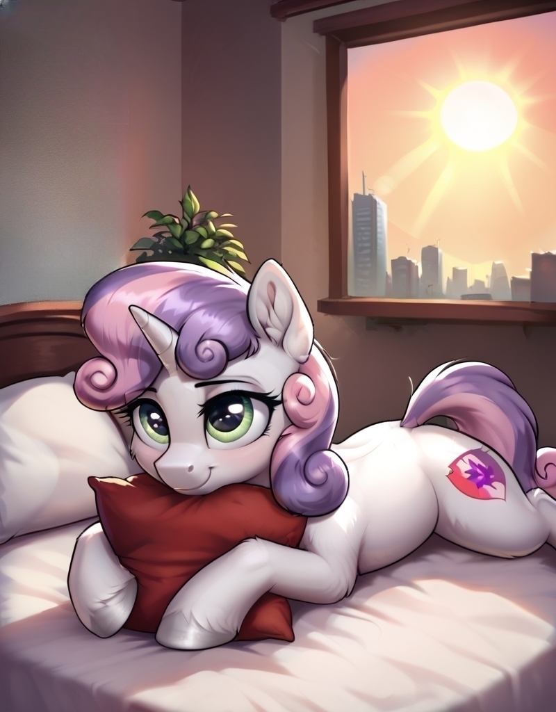 Morning Sweetie! - Моё, Арты нейросетей, My Little Pony, PonyArt, Sweetie Belle, Утро, Длиннопост