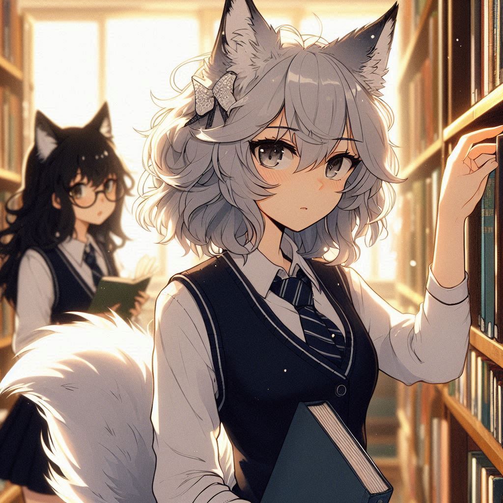 Once Zima and I separated for a whole year - My, Neural network art, Art, Anime art, Girls, Нейронные сети, Anime, Original character, Kitsune, Animal ears, Tail, School, Memories, Ginger & White, Longpost