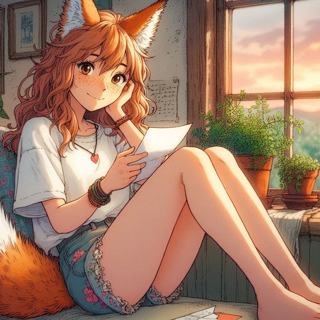 Once Zima and I separated for a whole year - My, Neural network art, Art, Anime art, Girls, Нейронные сети, Anime, Original character, Kitsune, Animal ears, Tail, School, Memories, Ginger & White, Longpost