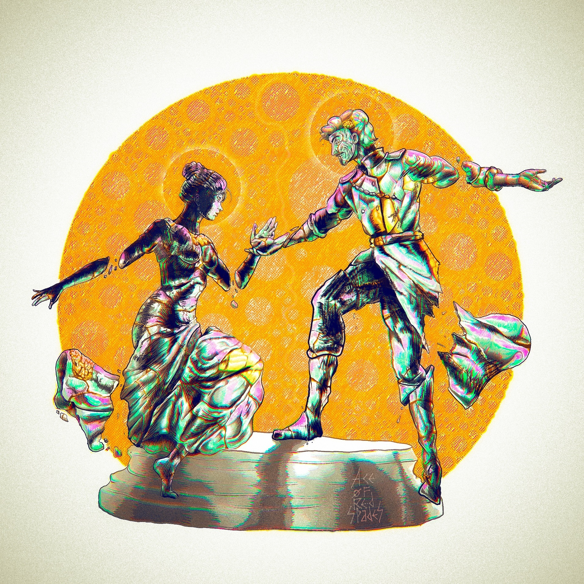 Dance of the Kintsugi statues - My, Graphics, Drawing, Ace0fredspades, Statuette, Dancers