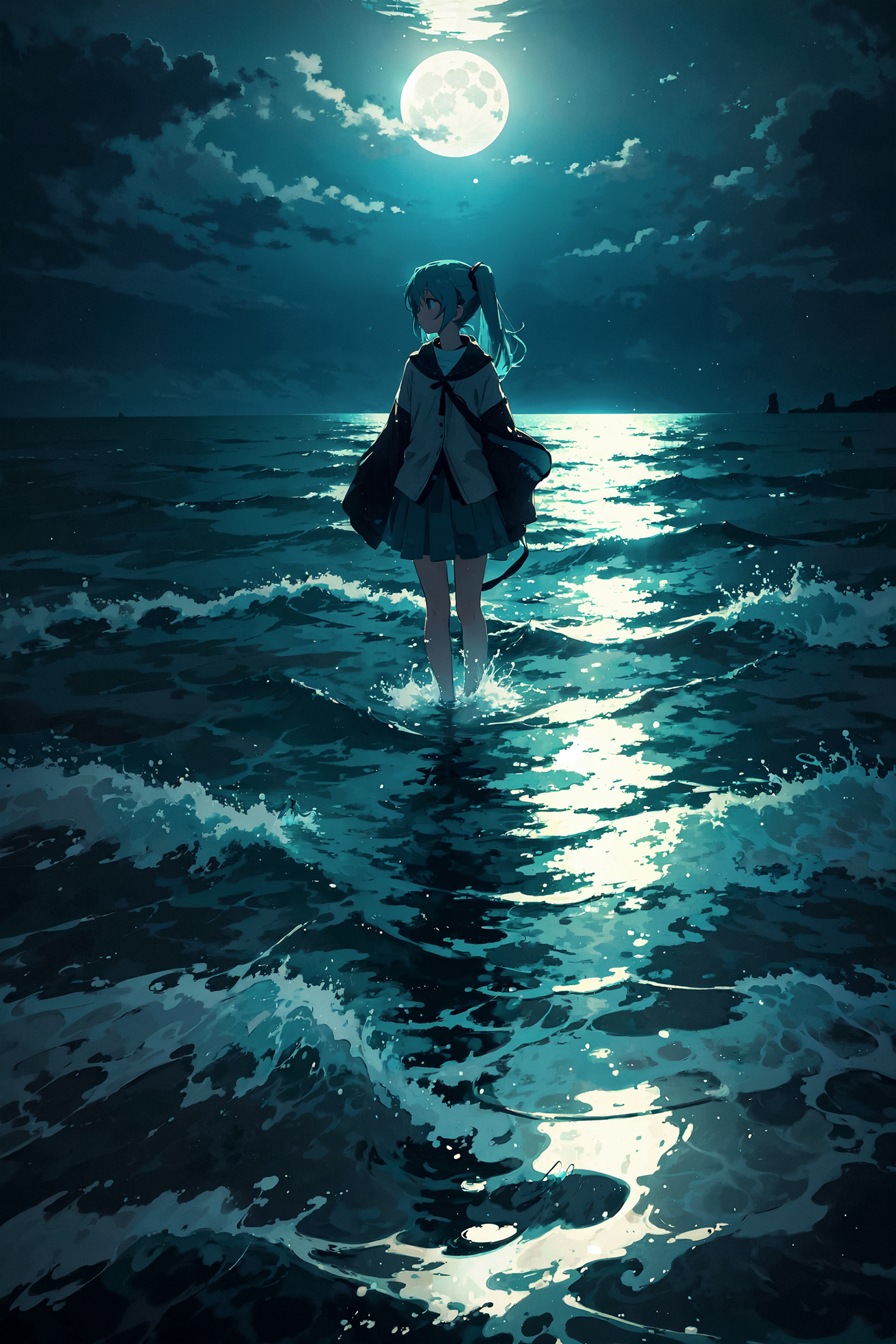 Miku is knee-deep in the sea - My, Neural network art, Stable diffusion, Girls, Anime art, Portrait, Hatsune Miku, Sea, Night, moon, Knee-deep sea, Phone wallpaper, Atmospheric, Colorful hair, Longpost