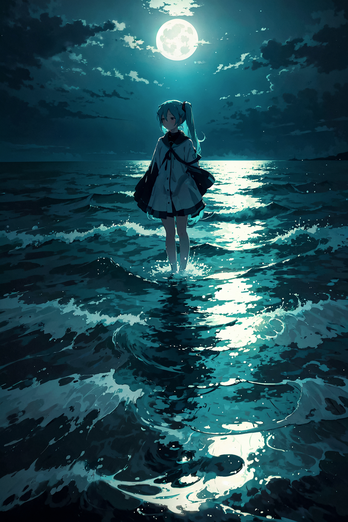 Miku is knee-deep in the sea - My, Neural network art, Stable diffusion, Girls, Anime art, Portrait, Hatsune Miku, Sea, Night, moon, Knee-deep sea, Phone wallpaper, Atmospheric, Colorful hair, Longpost