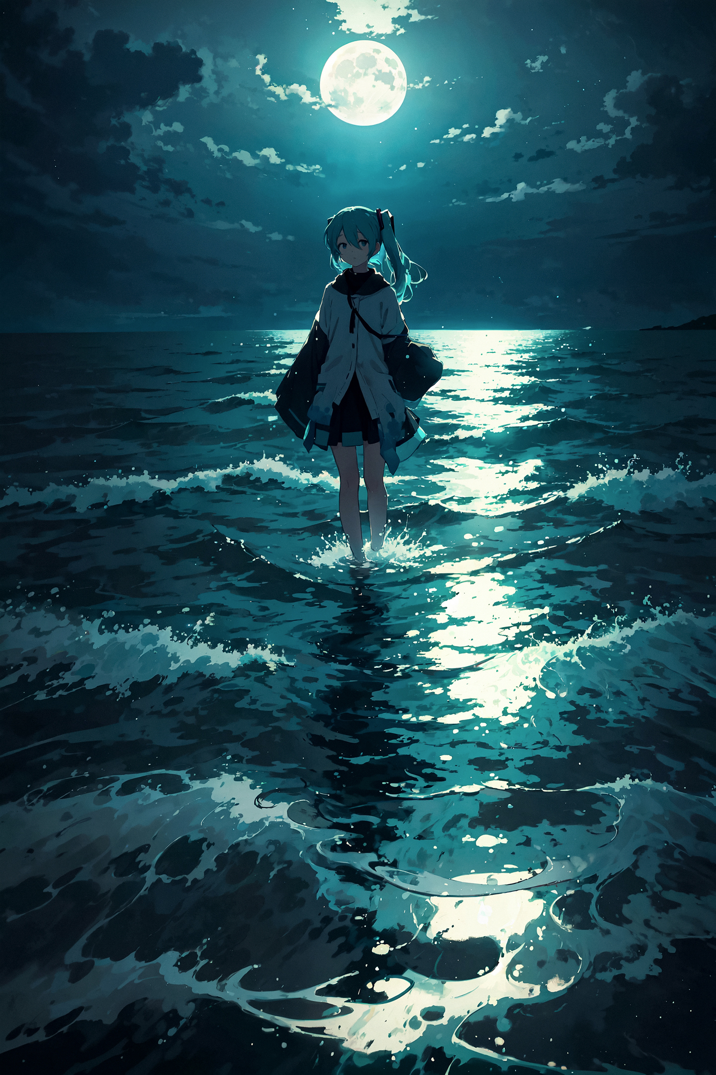 Miku is knee-deep in the sea - My, Neural network art, Stable diffusion, Girls, Anime art, Portrait, Hatsune Miku, Sea, Night, moon, Knee-deep sea, Phone wallpaper, Atmospheric, Colorful hair, Longpost