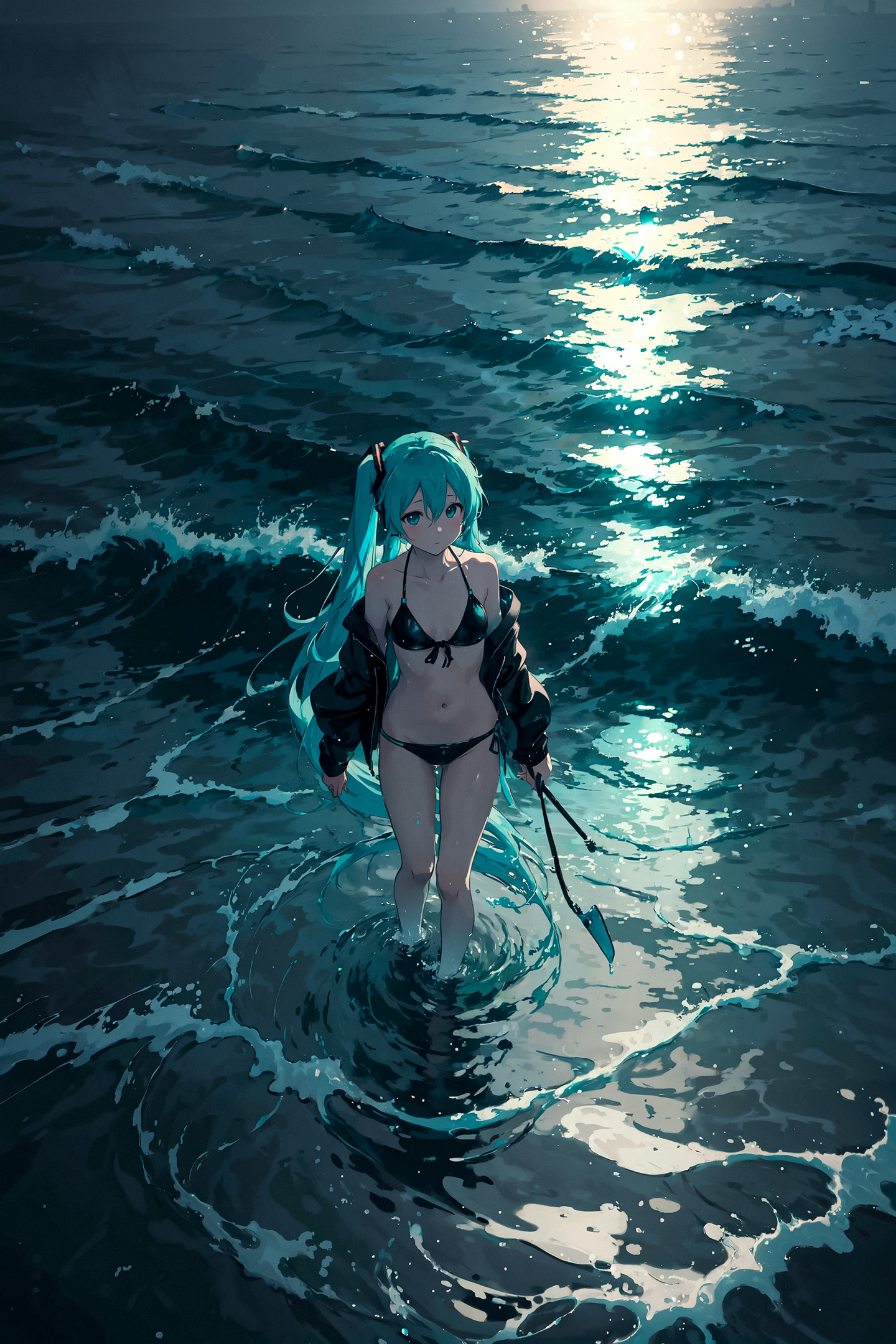 Continuation of the post “Miku is knee-deep in the sea” - My, Neural network art, Stable diffusion, Girls, Anime art, Portrait, Hatsune Miku, Sea, Night, moon, Knee-deep sea, Phone wallpaper, Atmospheric, Colorful hair, Longpost, Swimsuit, dawn, Reply to post