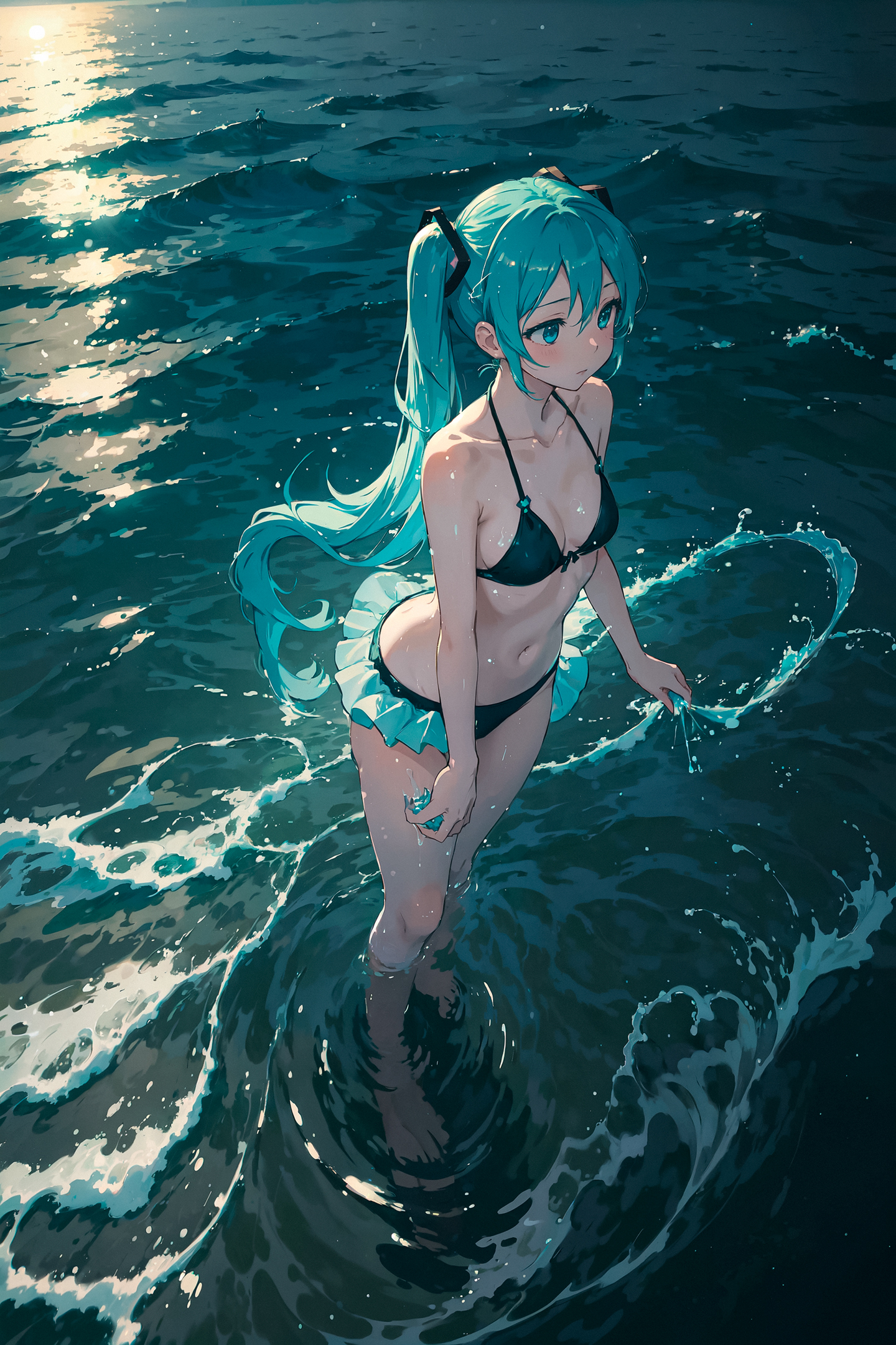 Continuation of the post “Miku is knee-deep in the sea” - My, Neural network art, Stable diffusion, Girls, Anime art, Portrait, Hatsune Miku, Sea, Night, moon, Knee-deep sea, Phone wallpaper, Atmospheric, Colorful hair, Longpost, Swimsuit, dawn, Reply to post